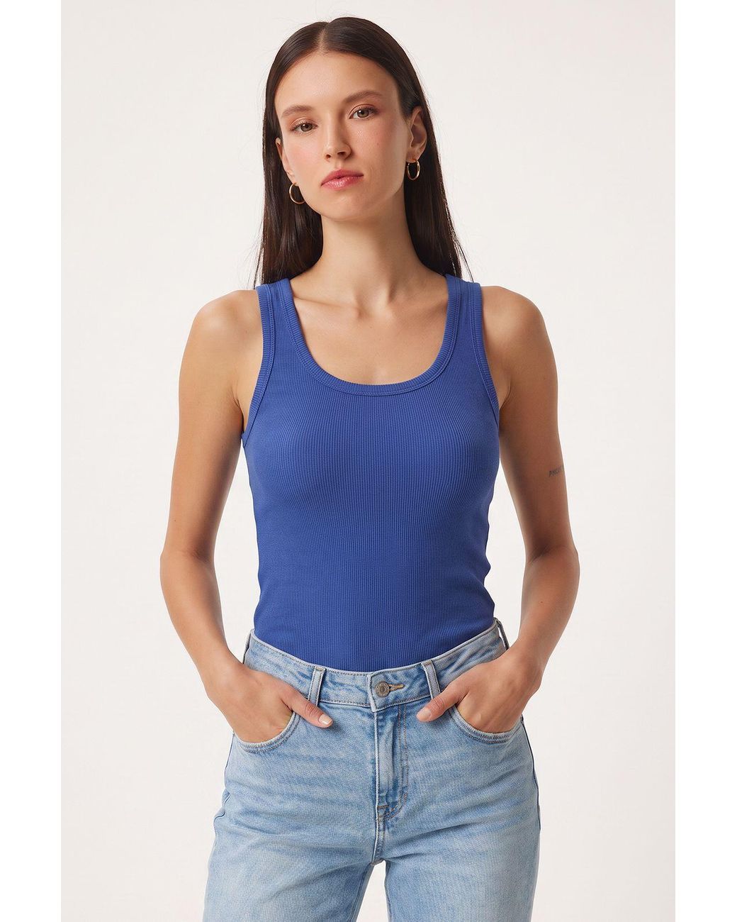 Happiness İstanbul Blue 3-Pack Ribbed Cotton Cami Tops