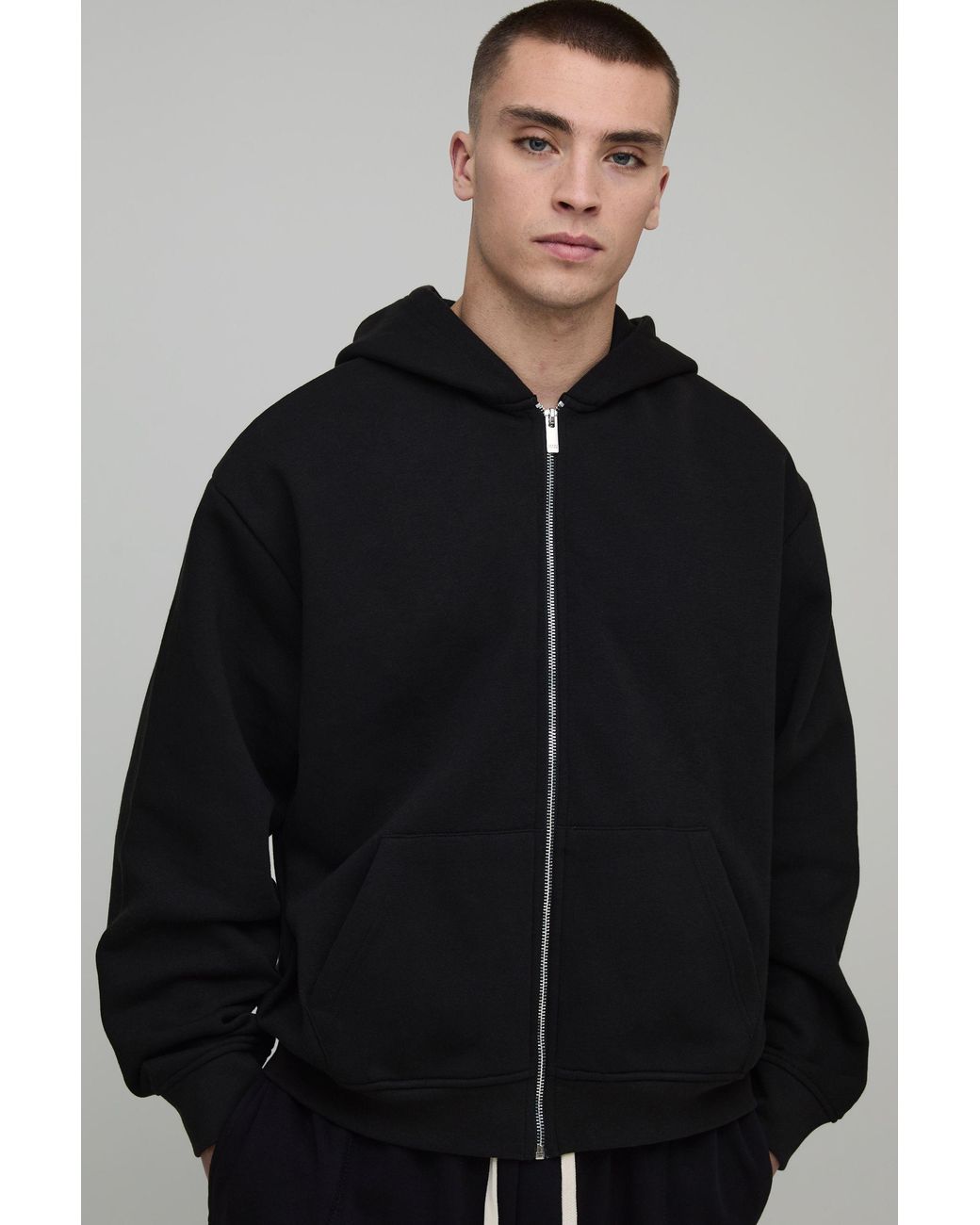 BoohooMAN Black Basic Oversized Boxy Zip Through Hoodie for men