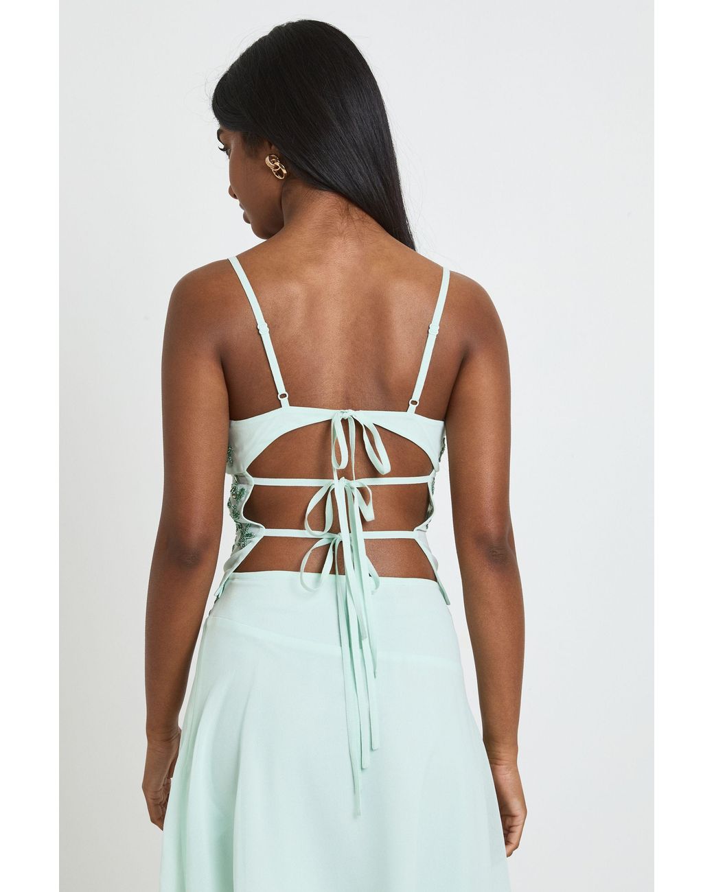 Boohoo Blue Beaded Sequin Tie Back Cami
