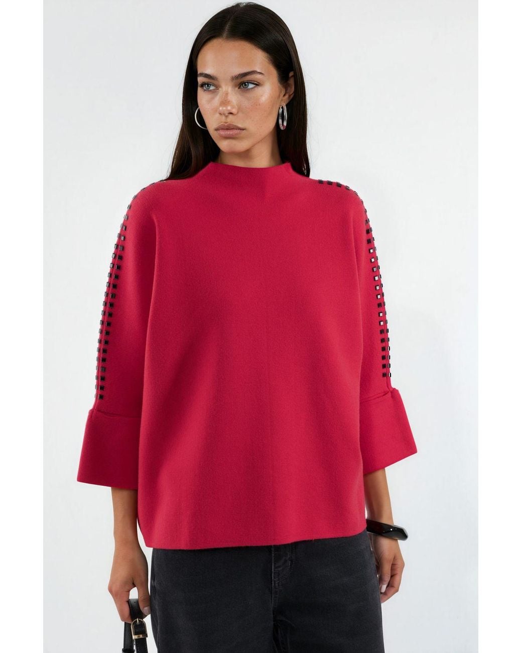 Hiccup Red Mock Neck Knit Sweater With Stone Accessory Detail