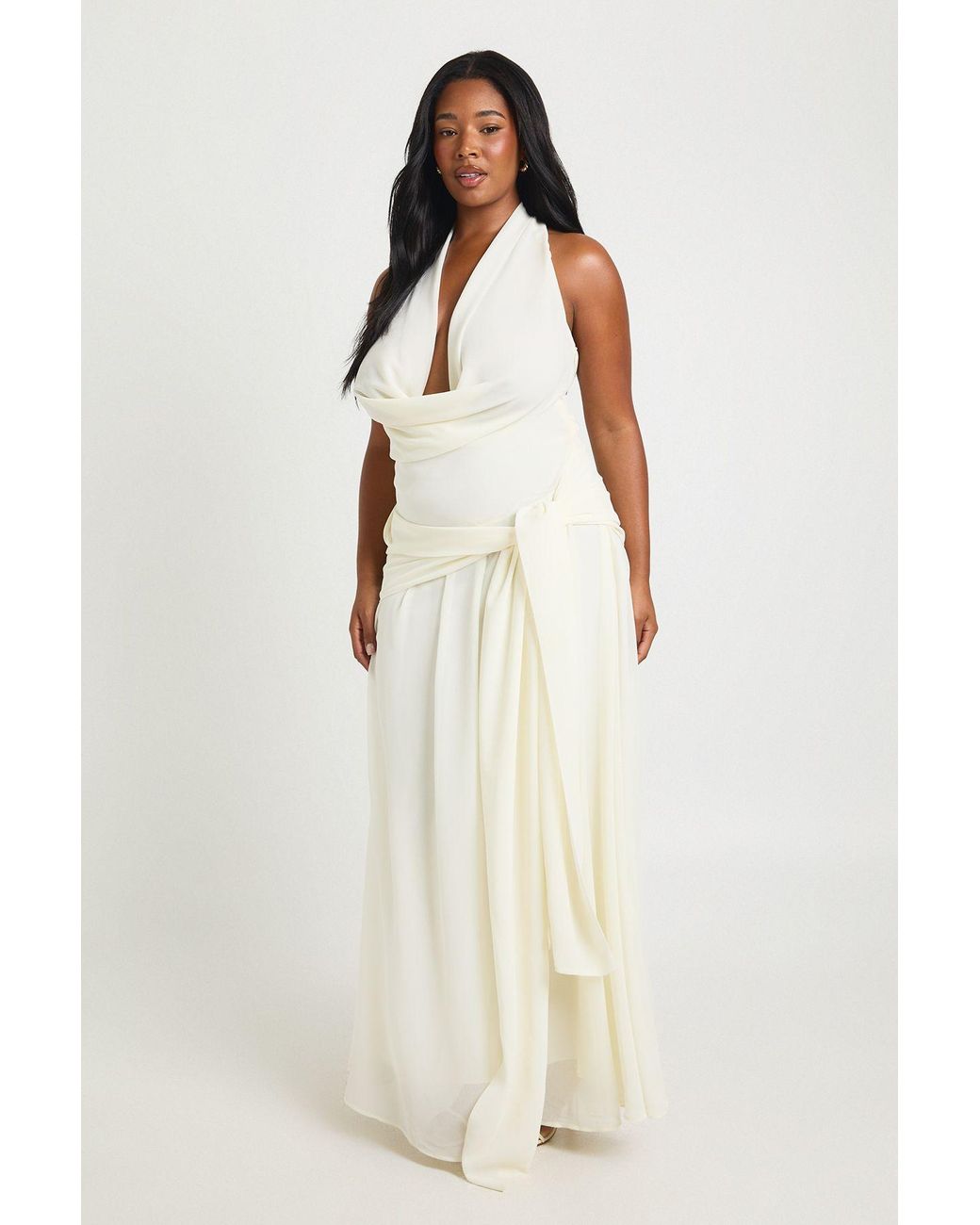 Boohoo White Plus Chiffon Extreme Cowl Neck Tie Waist Maxi Dress