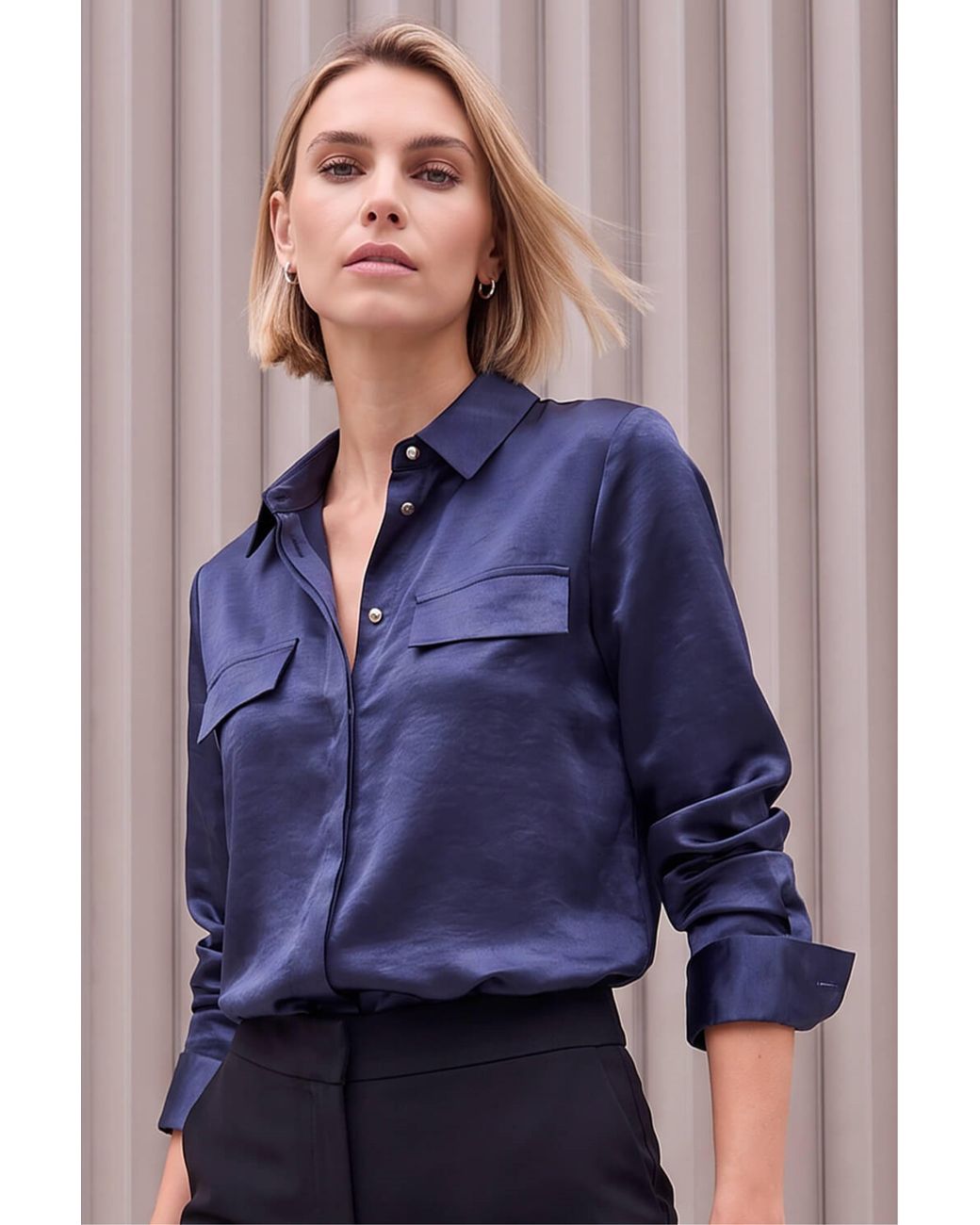 Roman Blue Satin Long Sleeve Shirt