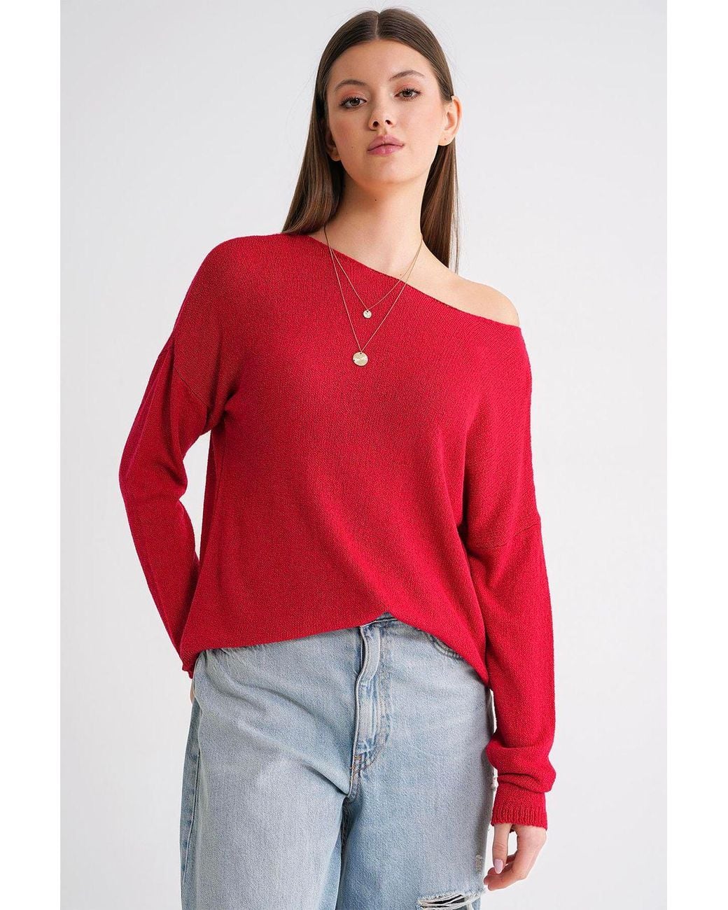 MixRay Red Oversized Boat Neck Knit Sweater