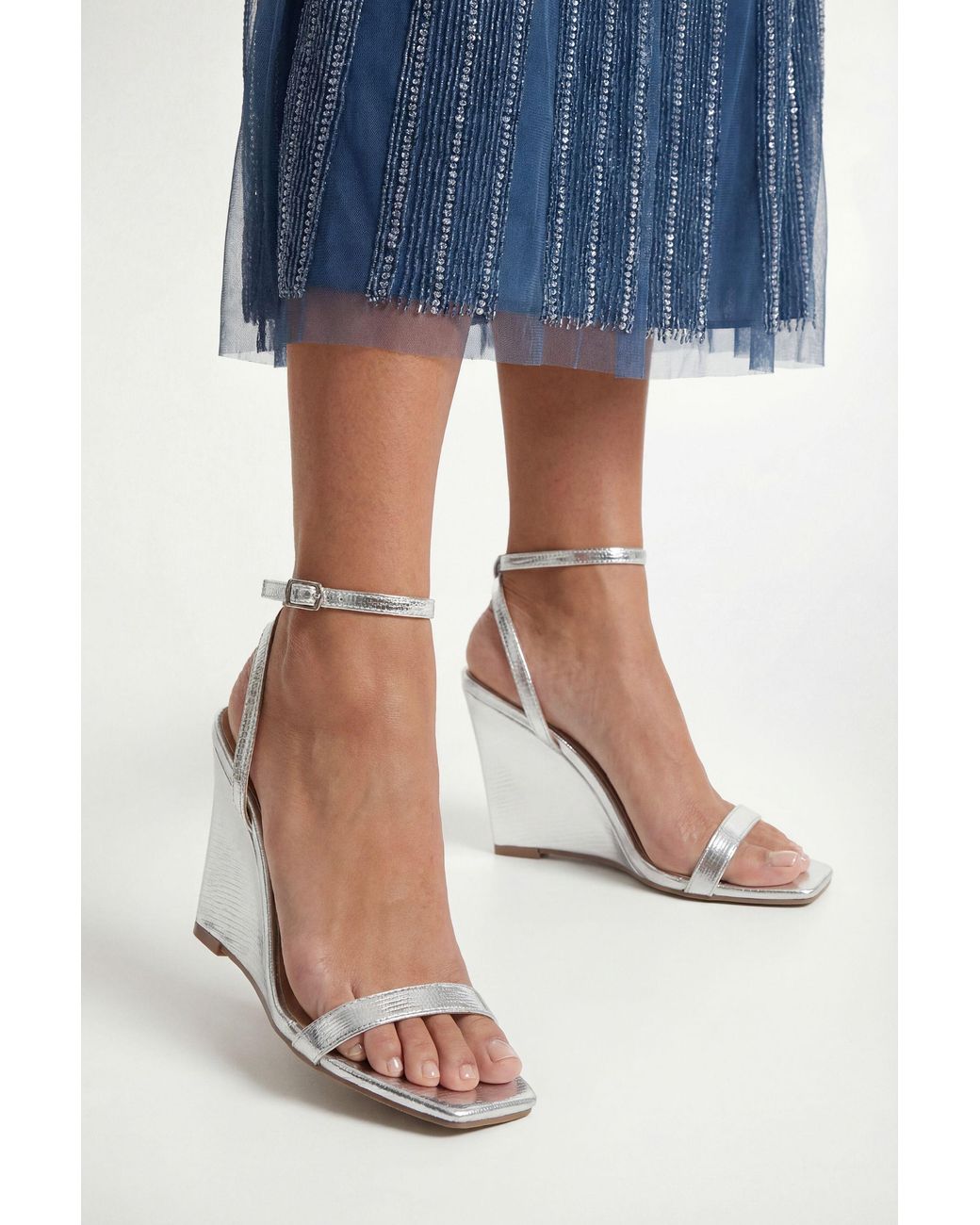 Wallis Blue Redfern Faux Lizard Print Leather High Covered Smart Wedge Sandals