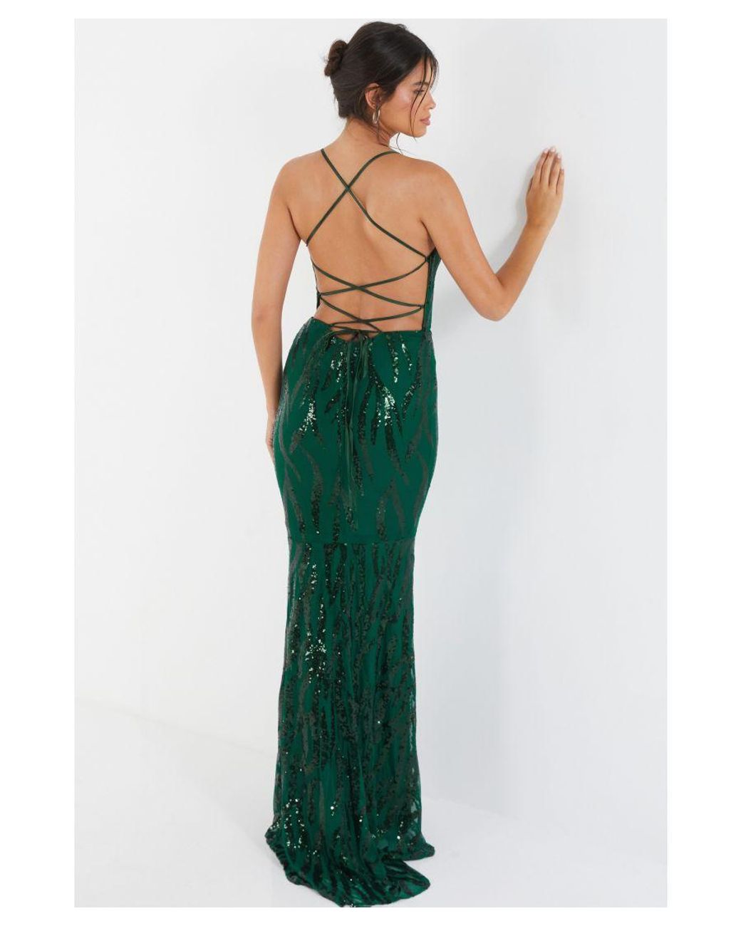 Quiz Sequin Cross Back Maxi Dress in Green | Lyst UK