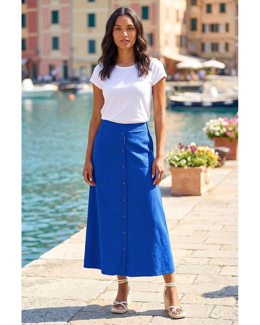 Roman Blue Linen Button Pencil Midi Skirt