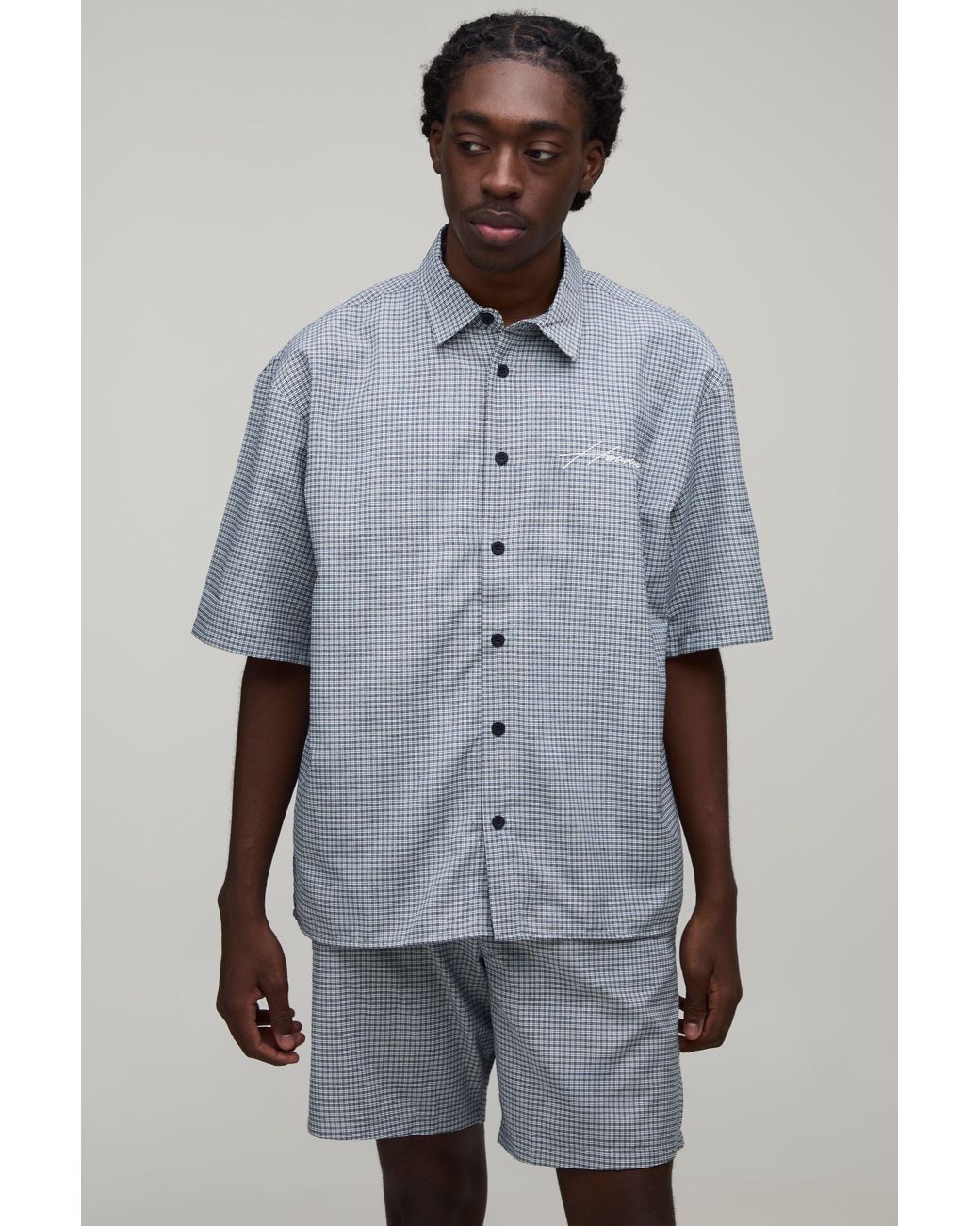 BoohooMAN Blue Embroidered Micro Check Boxy Shirt & Short Set for men