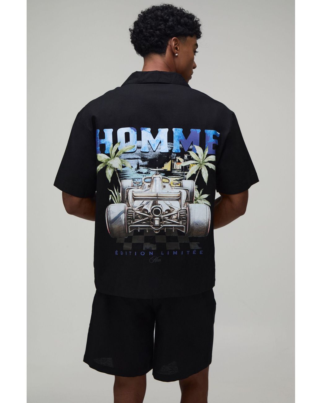 BoohooMAN Black Homme Racing Back Print Oversized Shirt & Short Set for men