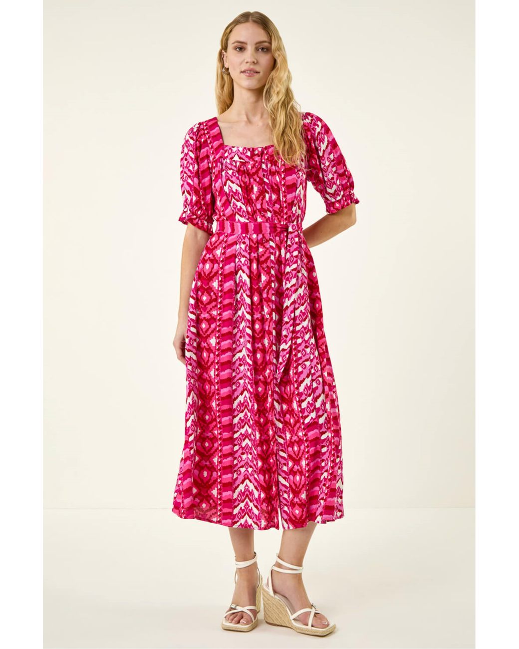 Roman Pink Abstract Print Belted Dress