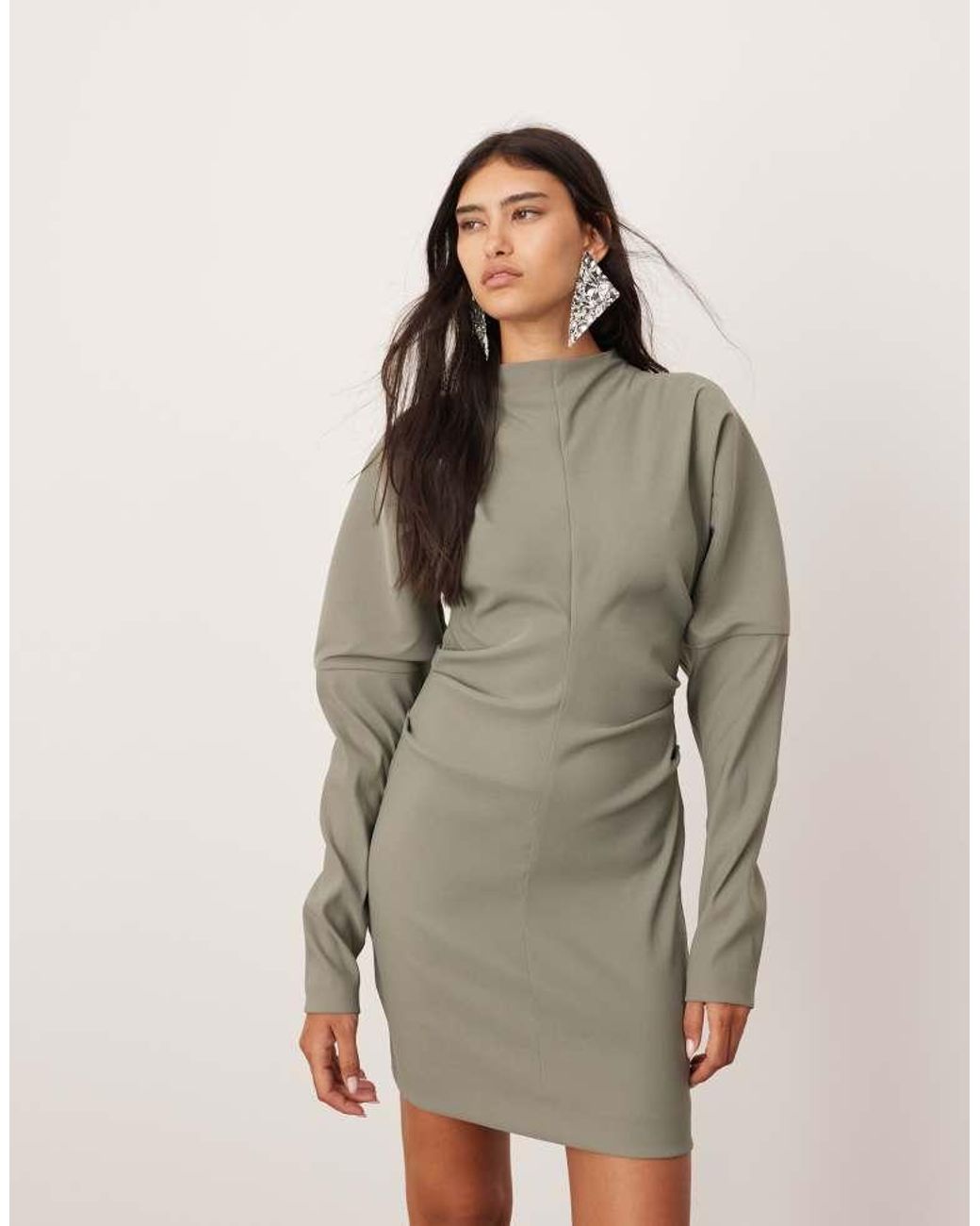 ASOS Natural Structured Sleeve Mini Dress With Pleat Waist