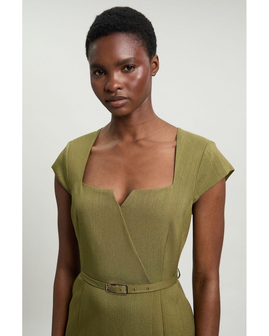 green pencil dress Karen Millen Viscose Blend Belted Square Neck Tailored in classy elegant pencil dresses