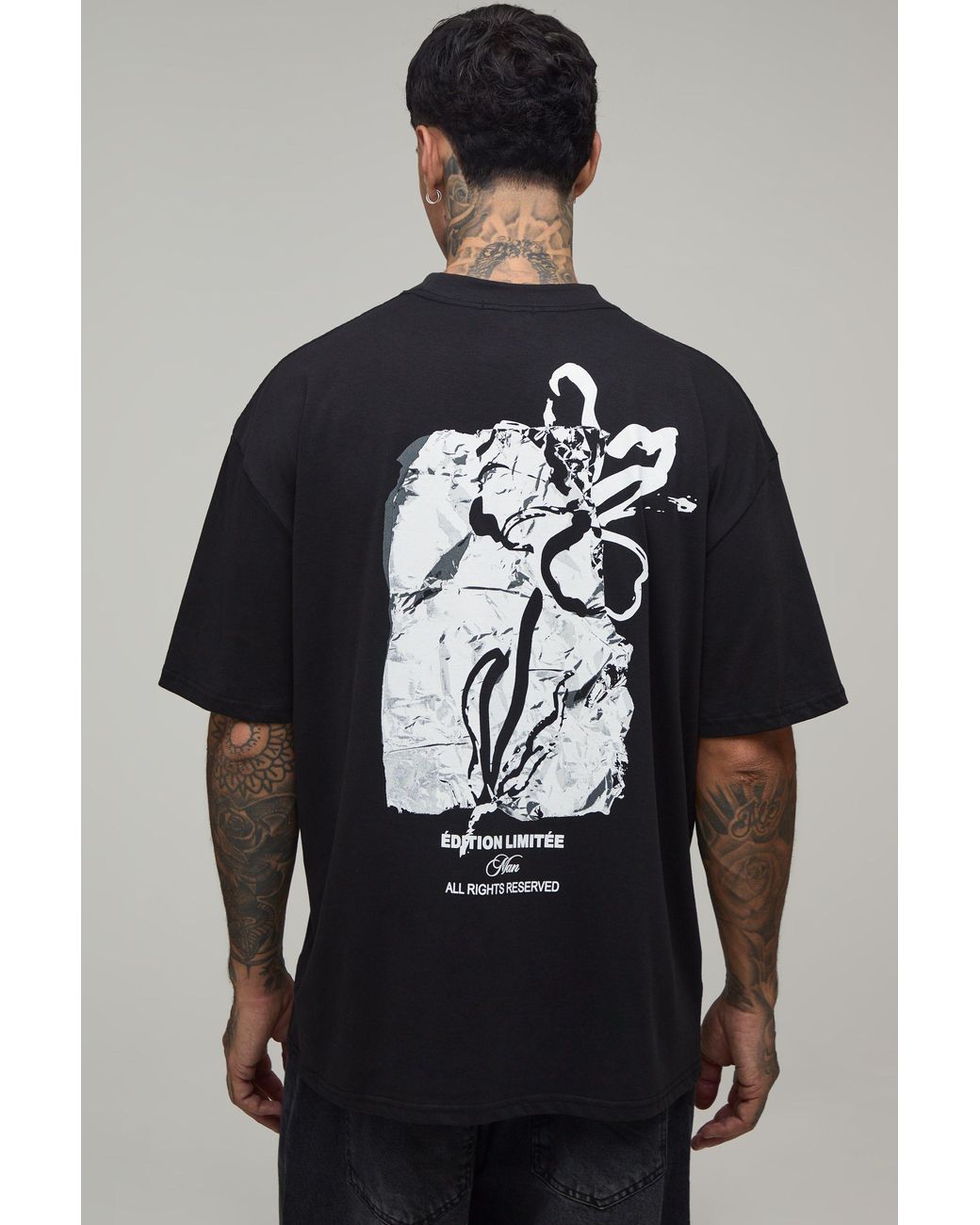 BoohooMAN Black Tall Oversized Mono Floral Graphic T-Shirt for men