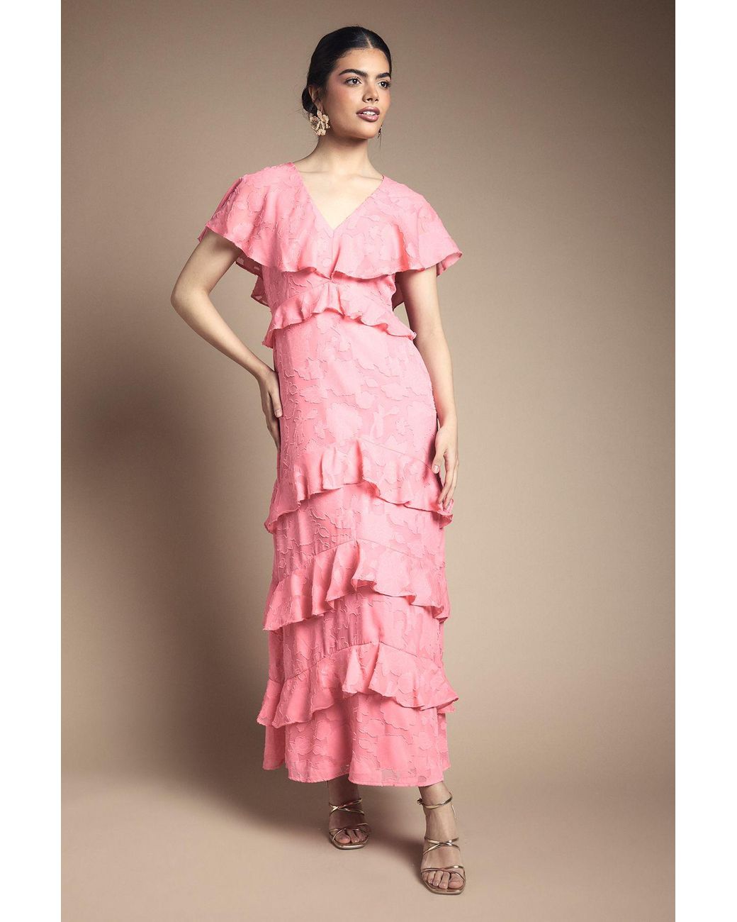 Oasis Pink Jacquard Ruffle Maxi Dress