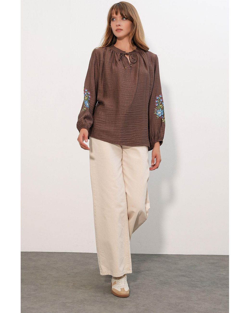 Bigdart Brown Embroidered Oversized Crepe Blouse
