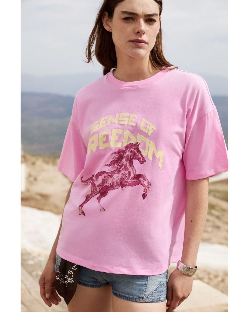 Grimelange Pink Oversized Crew Neck Printed T-Shirt
