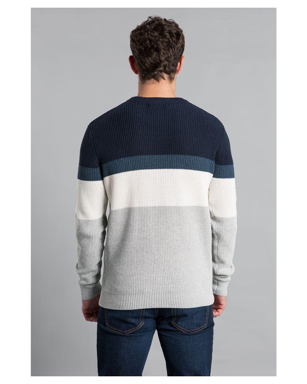 Kensington Eastside Gray Striped Waffle Knit Crew Neck Jumper for men