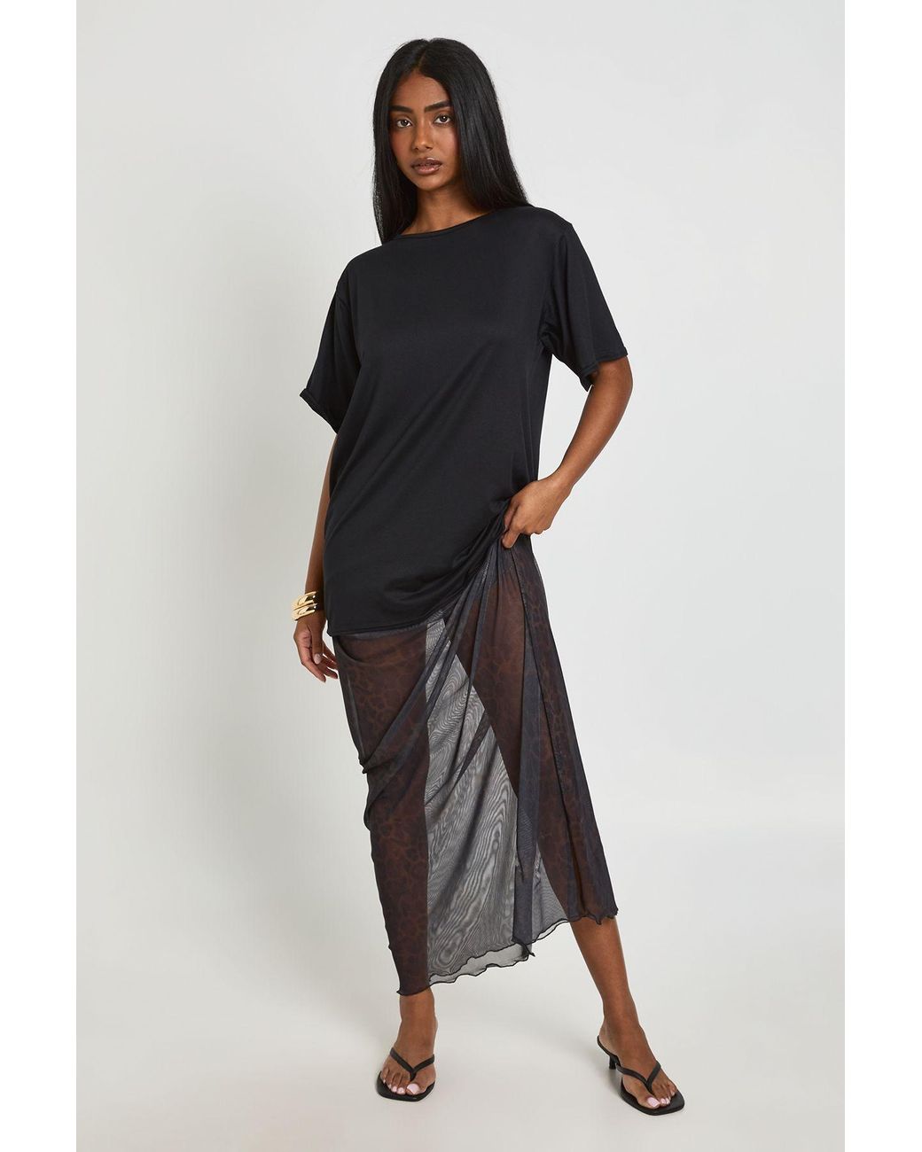 Boohoo Black Leopard Printed Mesh Hem T-Shirt Dress