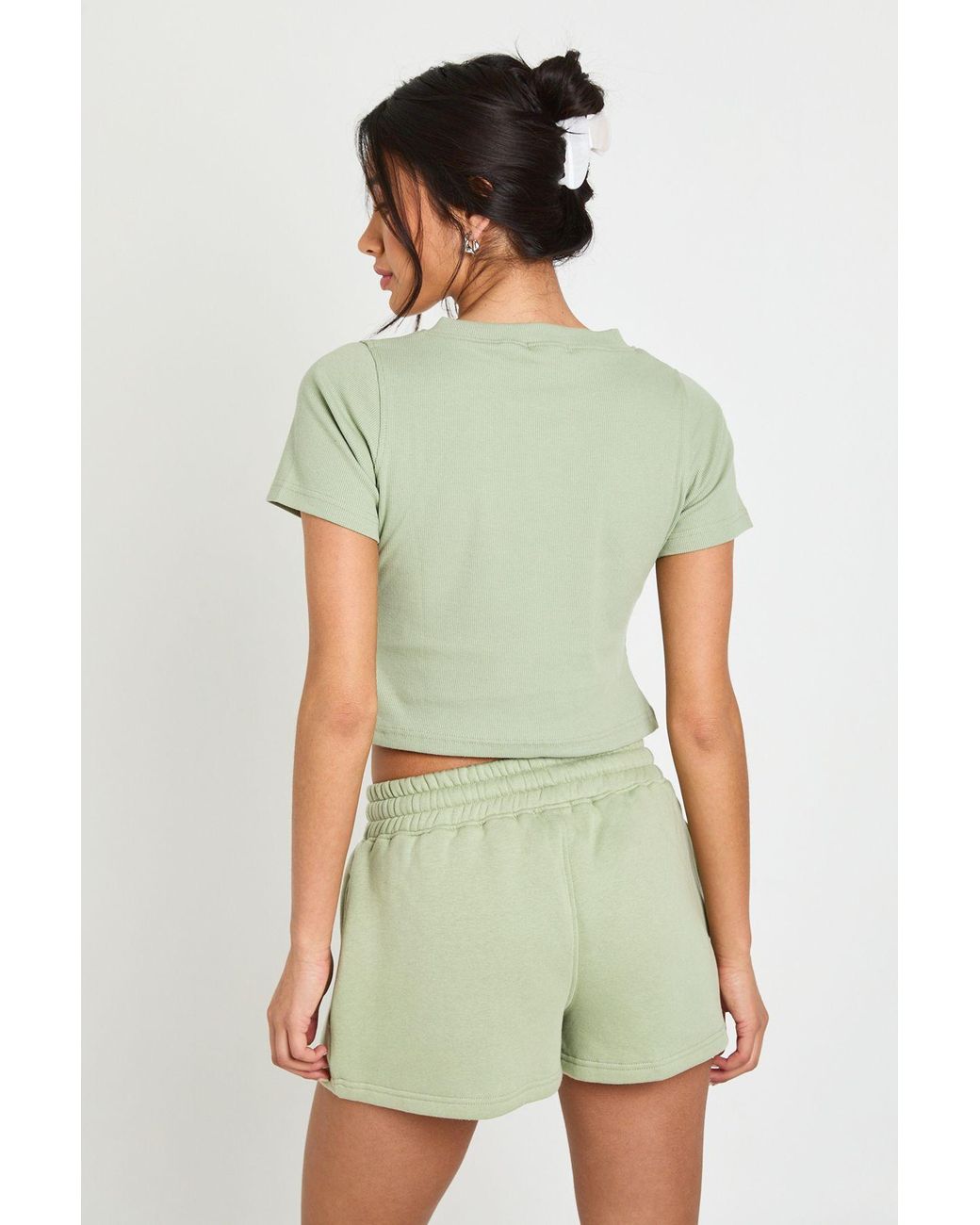 Boohoo Green Ribbed Button Through Cap Sleeve Top And Short Tracksuit