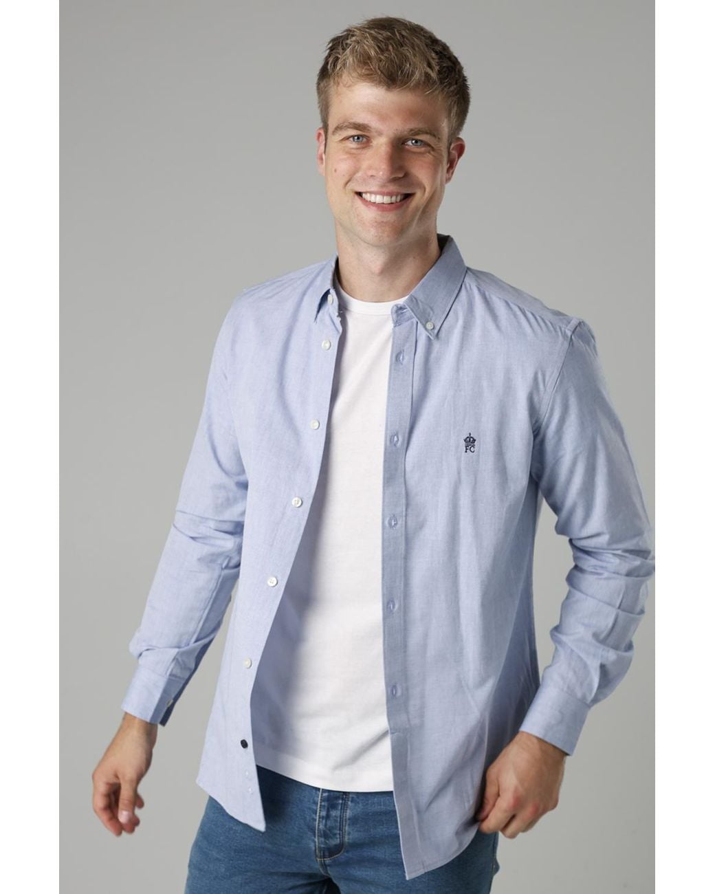 French Connection Blue Cotton Long Sleeve Oxford Shirt for men