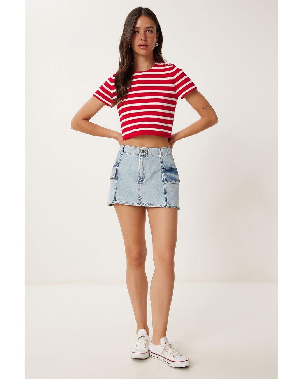 Happiness İstanbul Red High Waist Denim Skirt With Button Closure