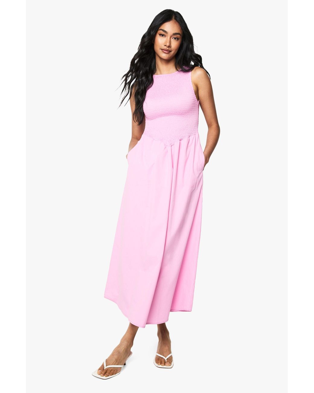 Boohoo Shirred Bodice Skater Dress in Pink Lyst UK