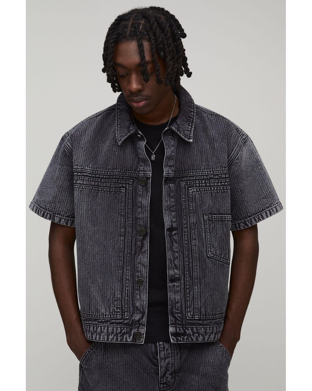 BoohooMAN Black Herringbone Denim Double Carpenter Shirt for men