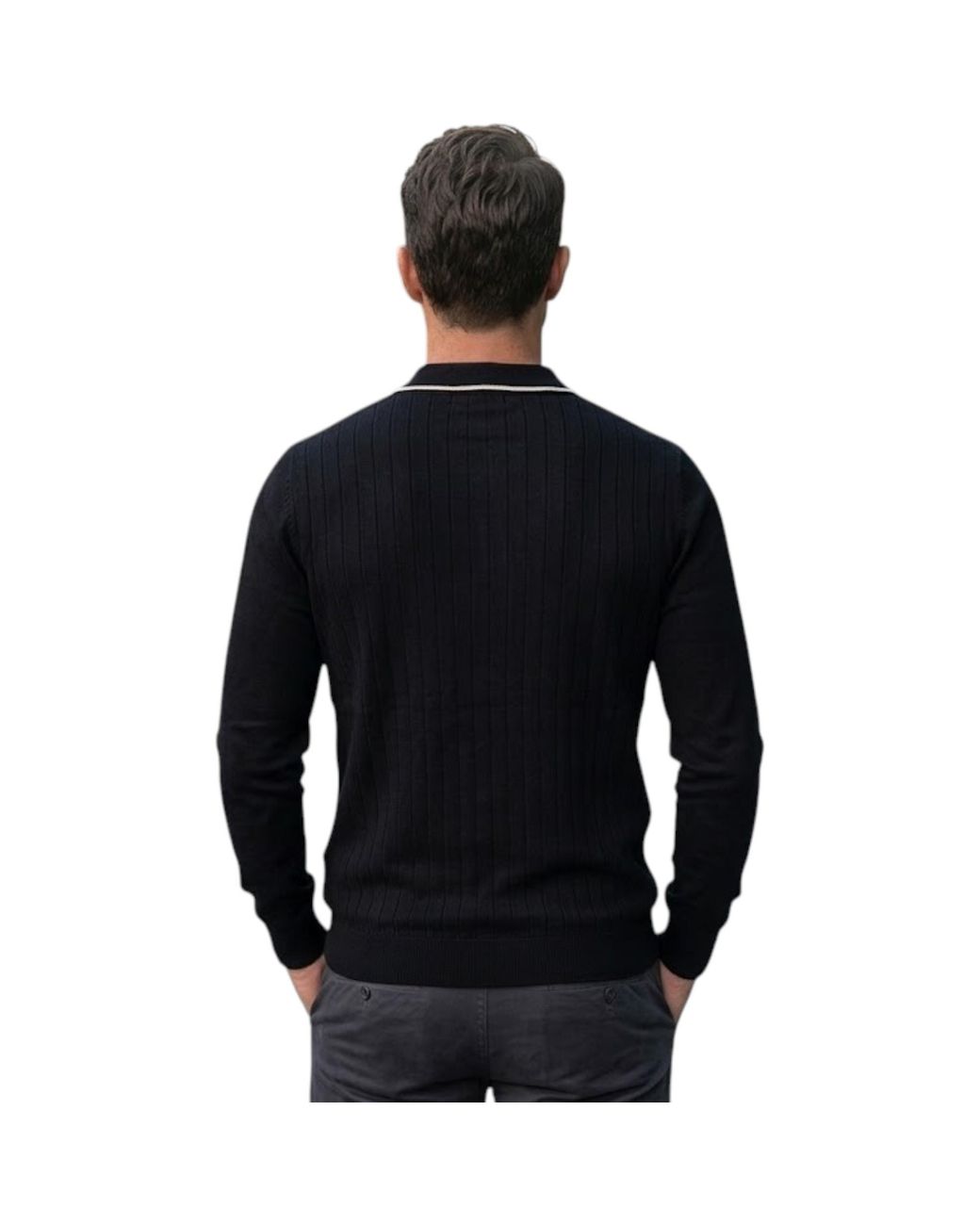 Cappuccino Italia Black Polo Shirts Ribbed Knit Tipped Long Sleeve 1/4 Golf Tee for men