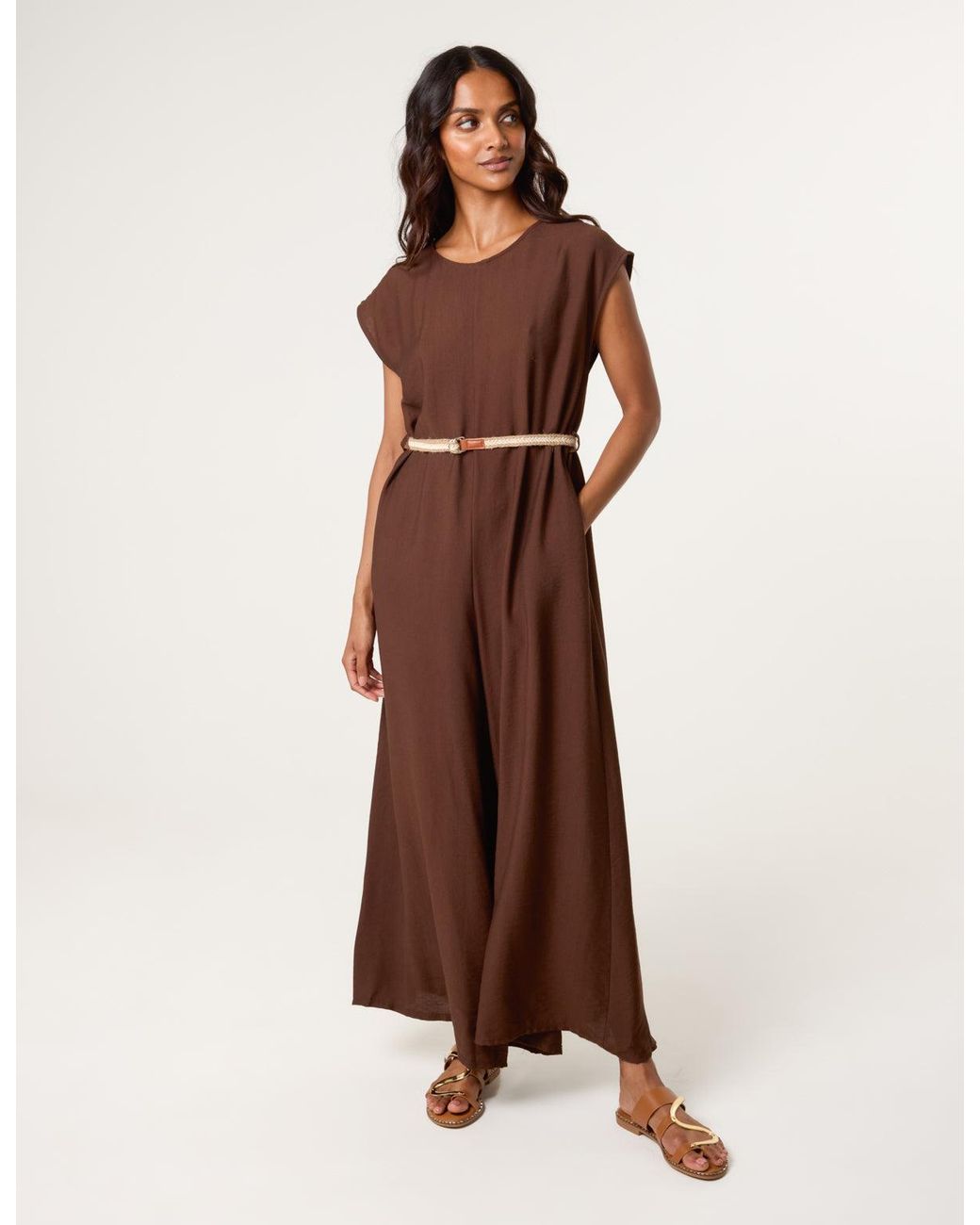 Blue Vanilla Brown Plain Belted Jumpsuit