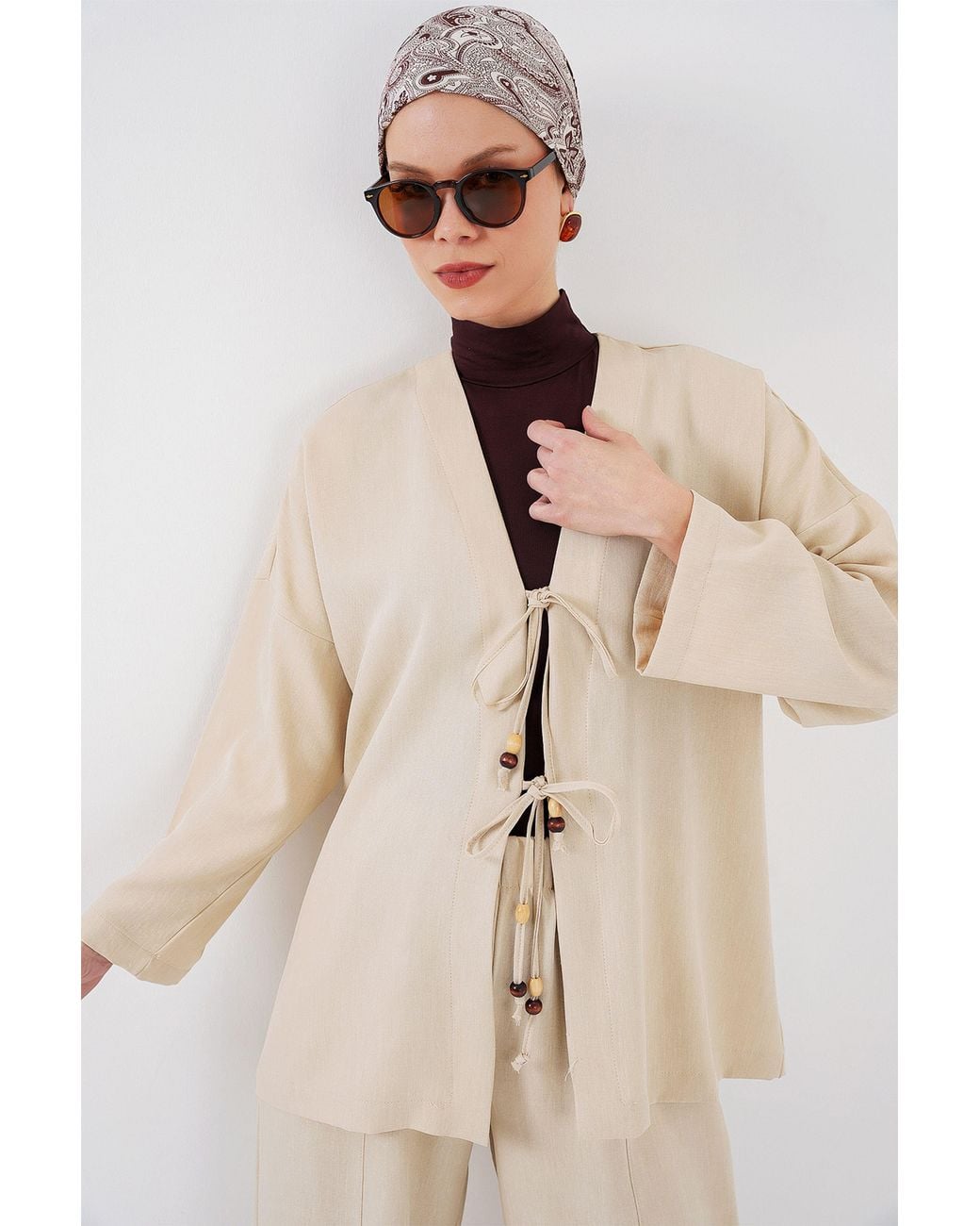 Bigdart Natural V-Neck Cardigan And Wide Leg Pants Set