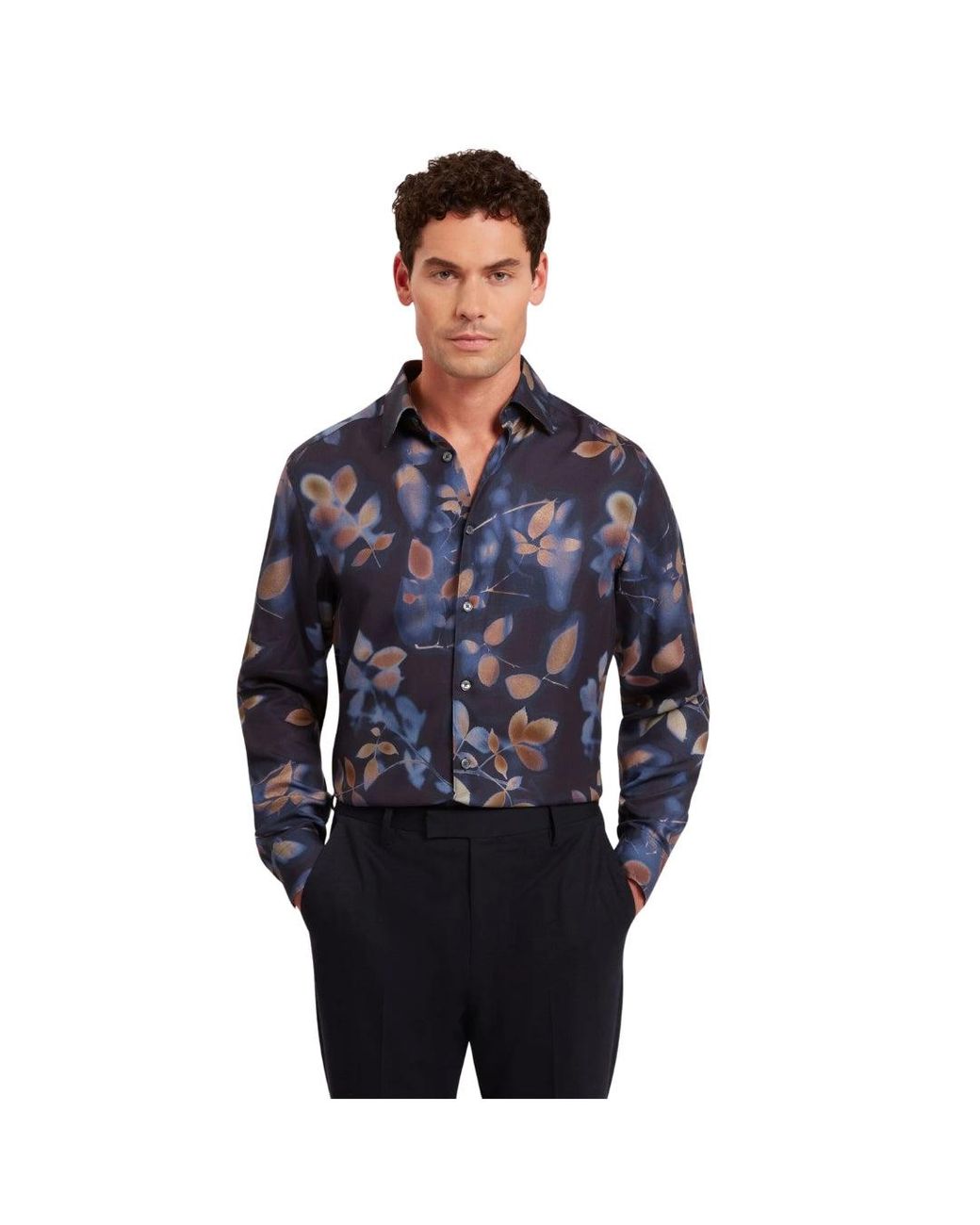Ted Baker Blue Kalmill Regular Fit Leaf Shadow Print Shirt Lyocell for men