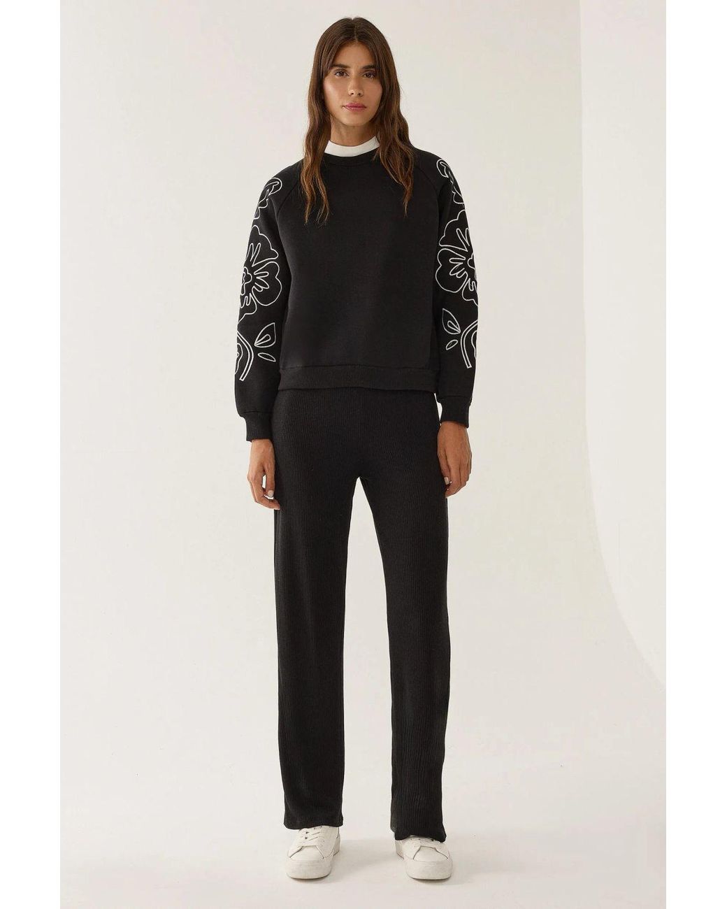 Hiccup Black Oversized Embroidered Sleeve Sweatshirt