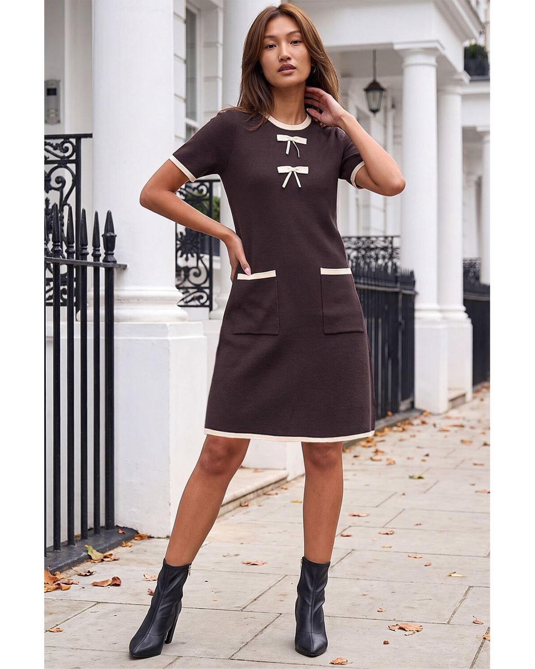 Roman Brown Bow Detail Knitted Dress