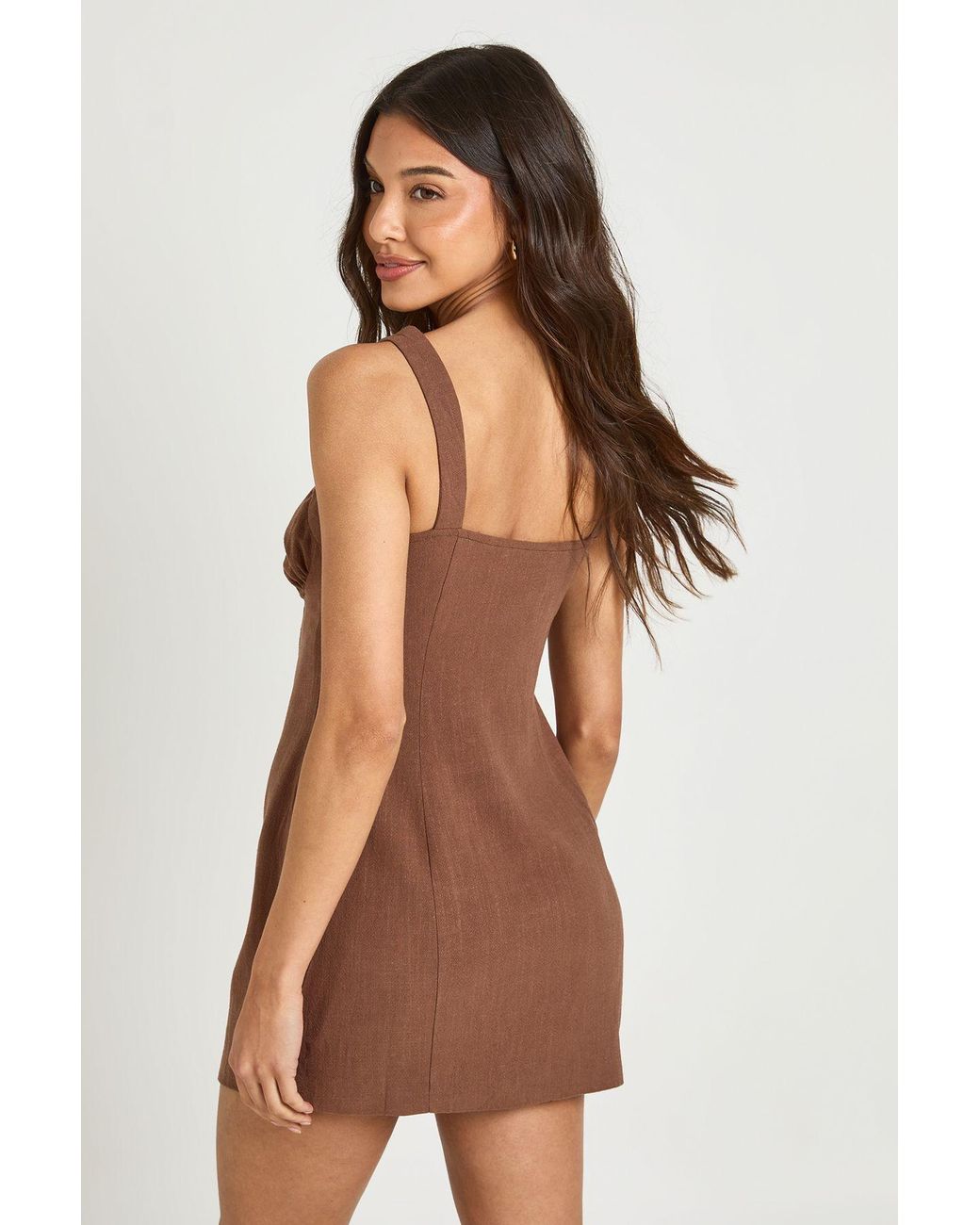 Boohoo Brown Linen Look Ruched Cup Strappy Mini Dress