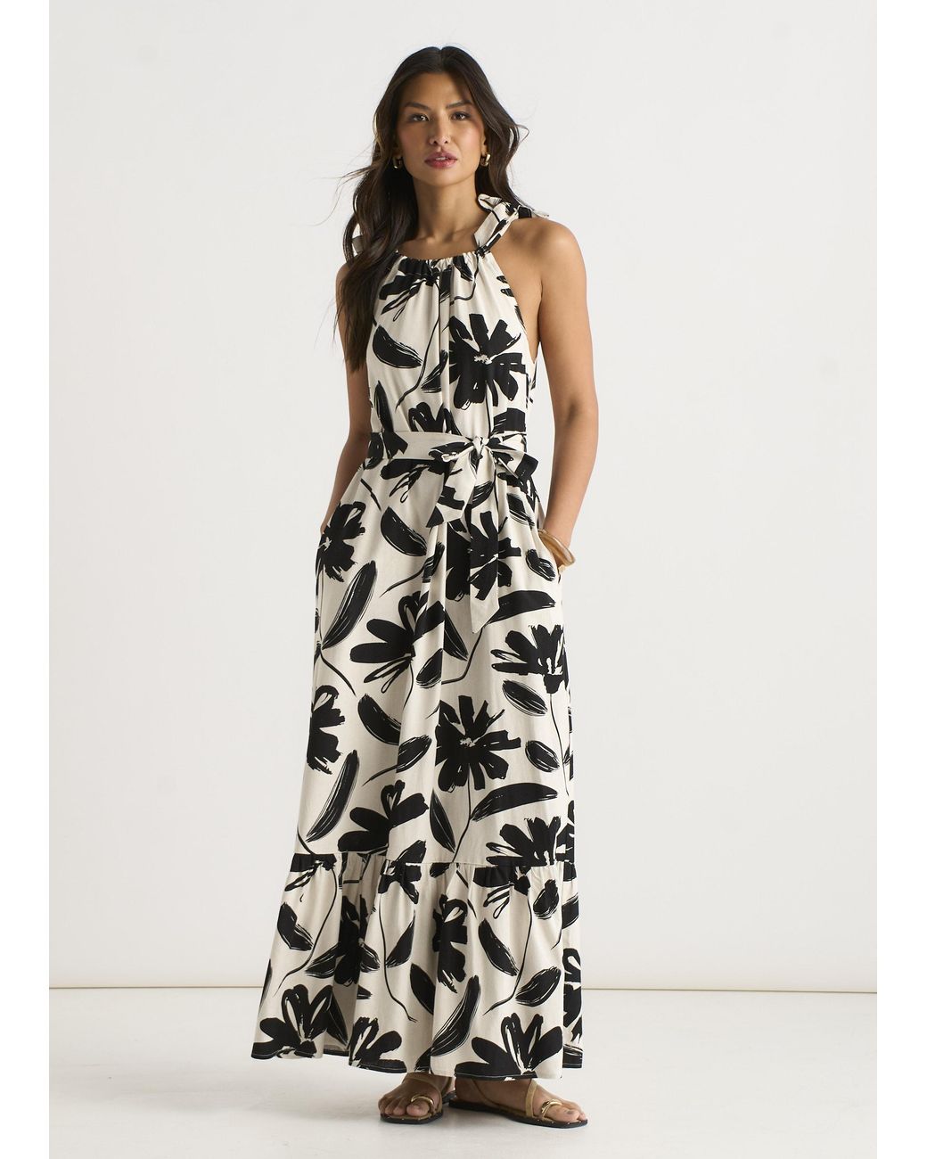 Gini London White Mono Stencil Linen Mix Belted Trapeze Dress