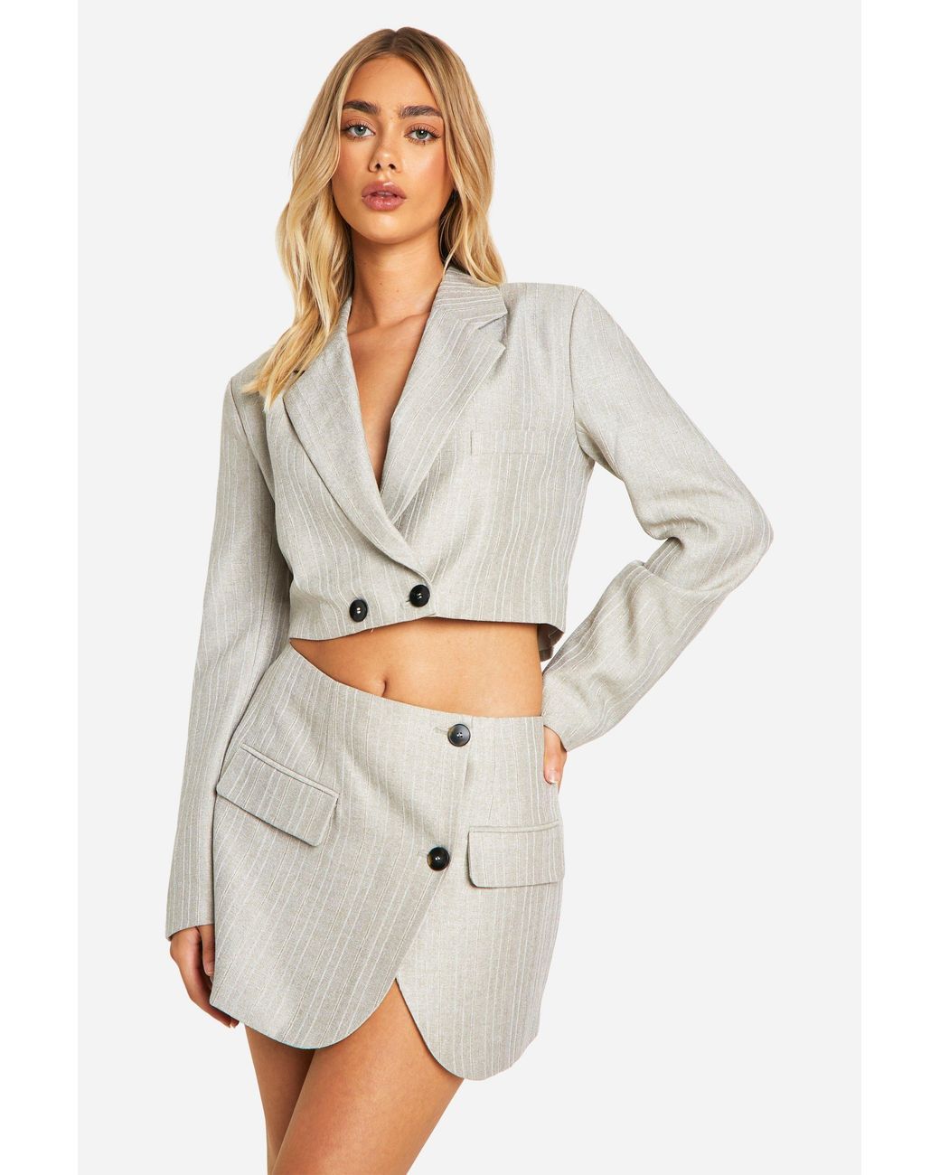 Boohoo Natural Premium Pinstripe Wrap Front Micro Mini Skirt