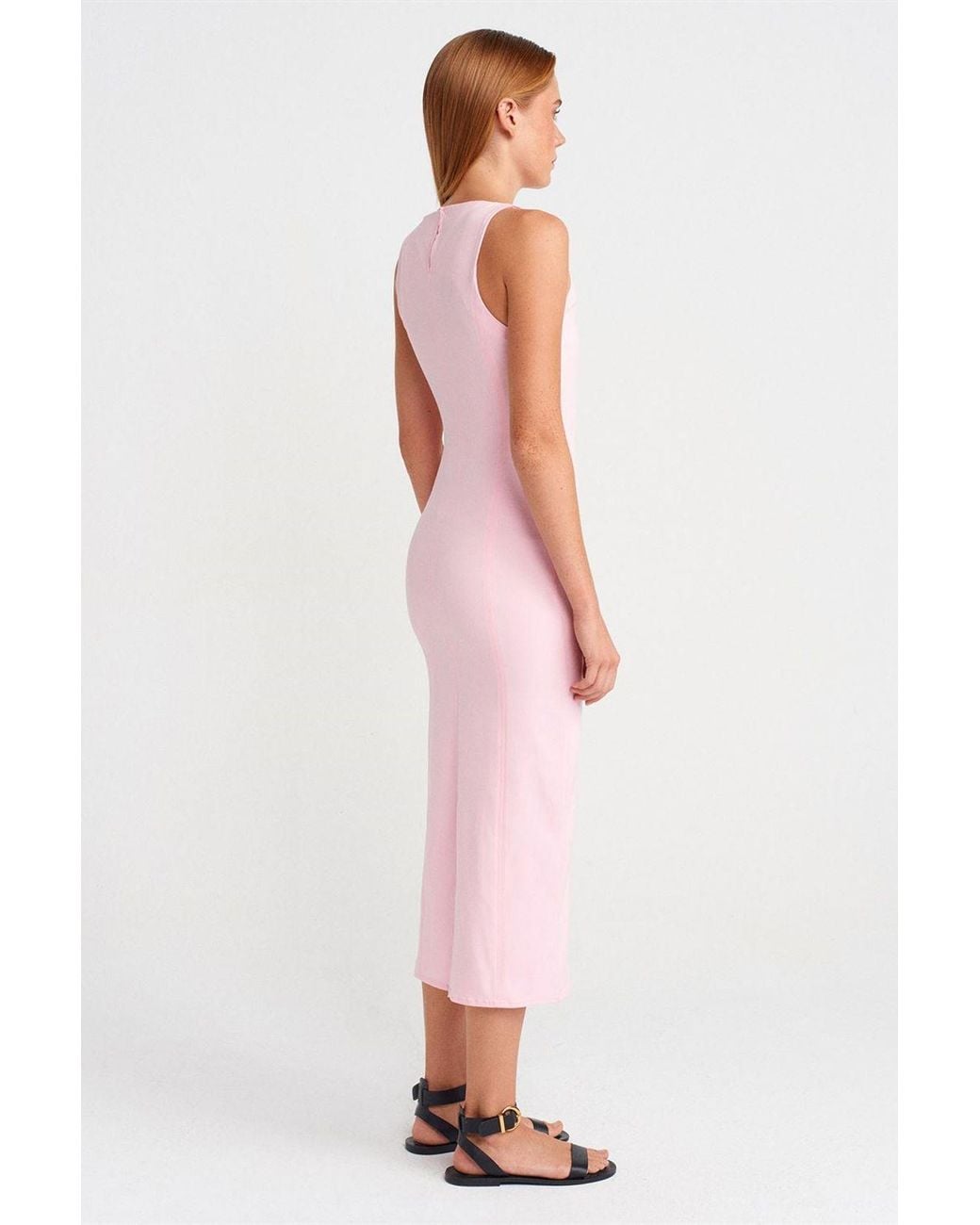 Dilvin Pink Sleeveless Midi Bodycon Dress With Slit