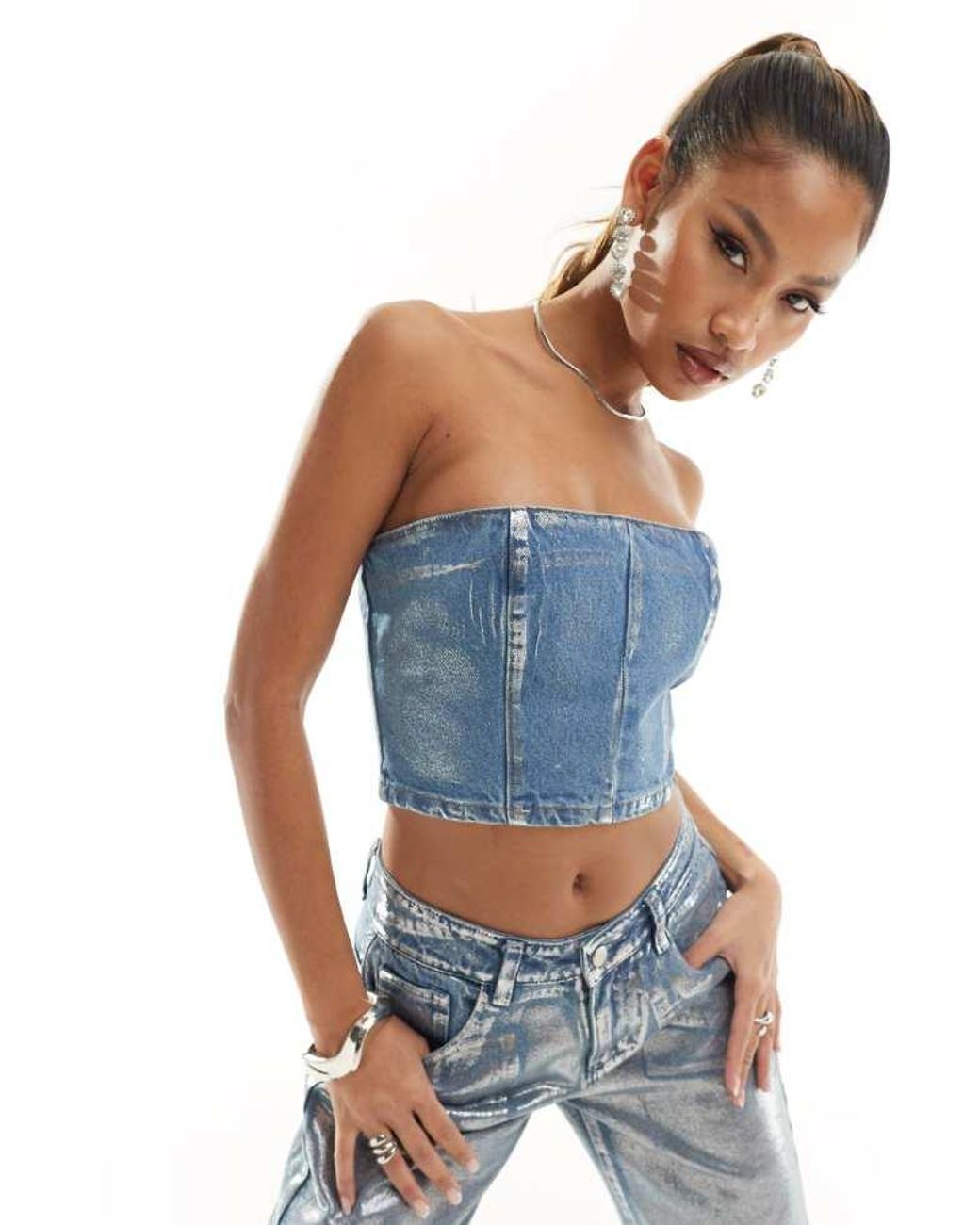 SIMMI Blue Metallic Denim Bandeau Corset Top Co-Ord