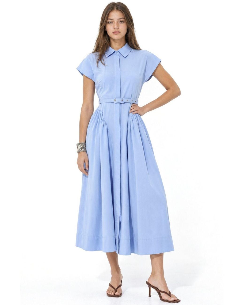 Busem Blue Belted Midi Dress With Shirt Collar