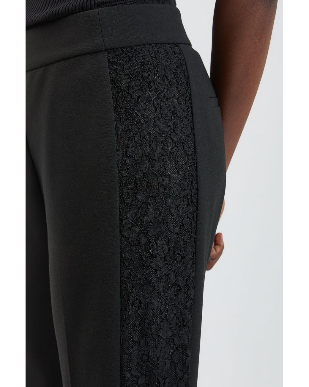 Karen Millen Black Compact Stretch Lace Mix Tailored Wide Leg Trouser