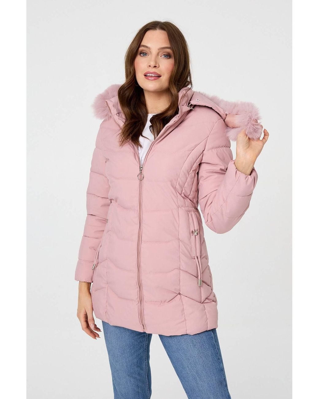 Izabel London Pink Hooded Faux Fur Trim Zip Puffer Jacket