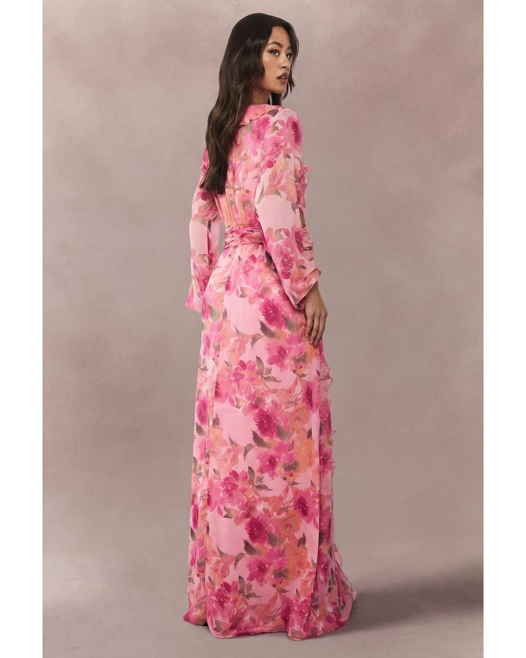 Boohoo Pink Tall Floral Chiffon Volume Sleeve Maxi Dress