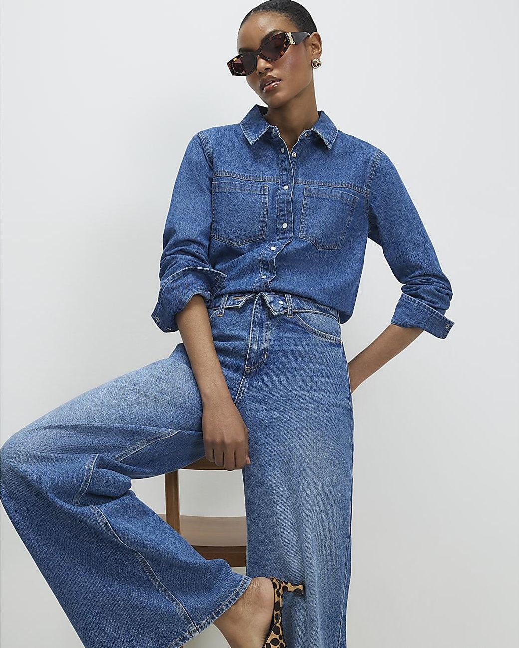 River Island Blue Shirt Denim Fabric Collared Long Sleeve Cotton