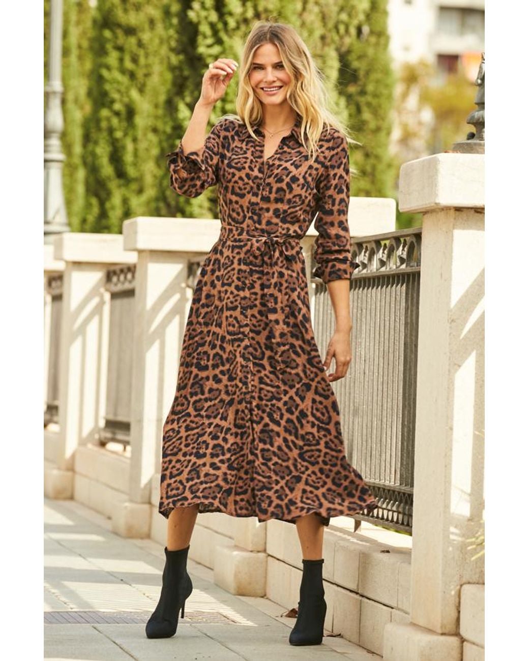 Sosandar Natural Leopard Print Midi Shirt Dress With Belt