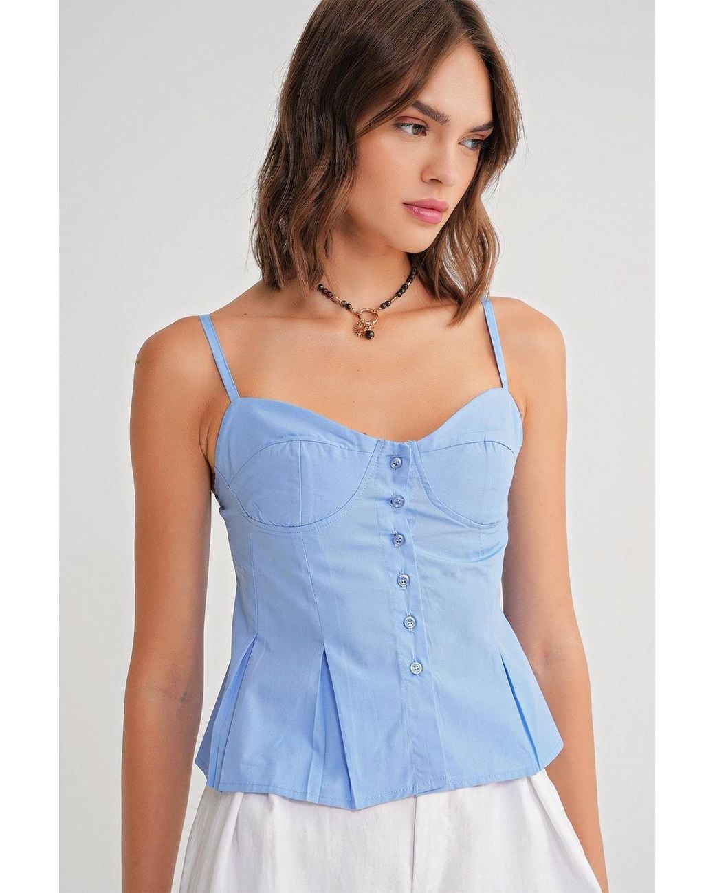 MixRay Blue Sweetheart Neck Button-Front Peplum Cami Top
