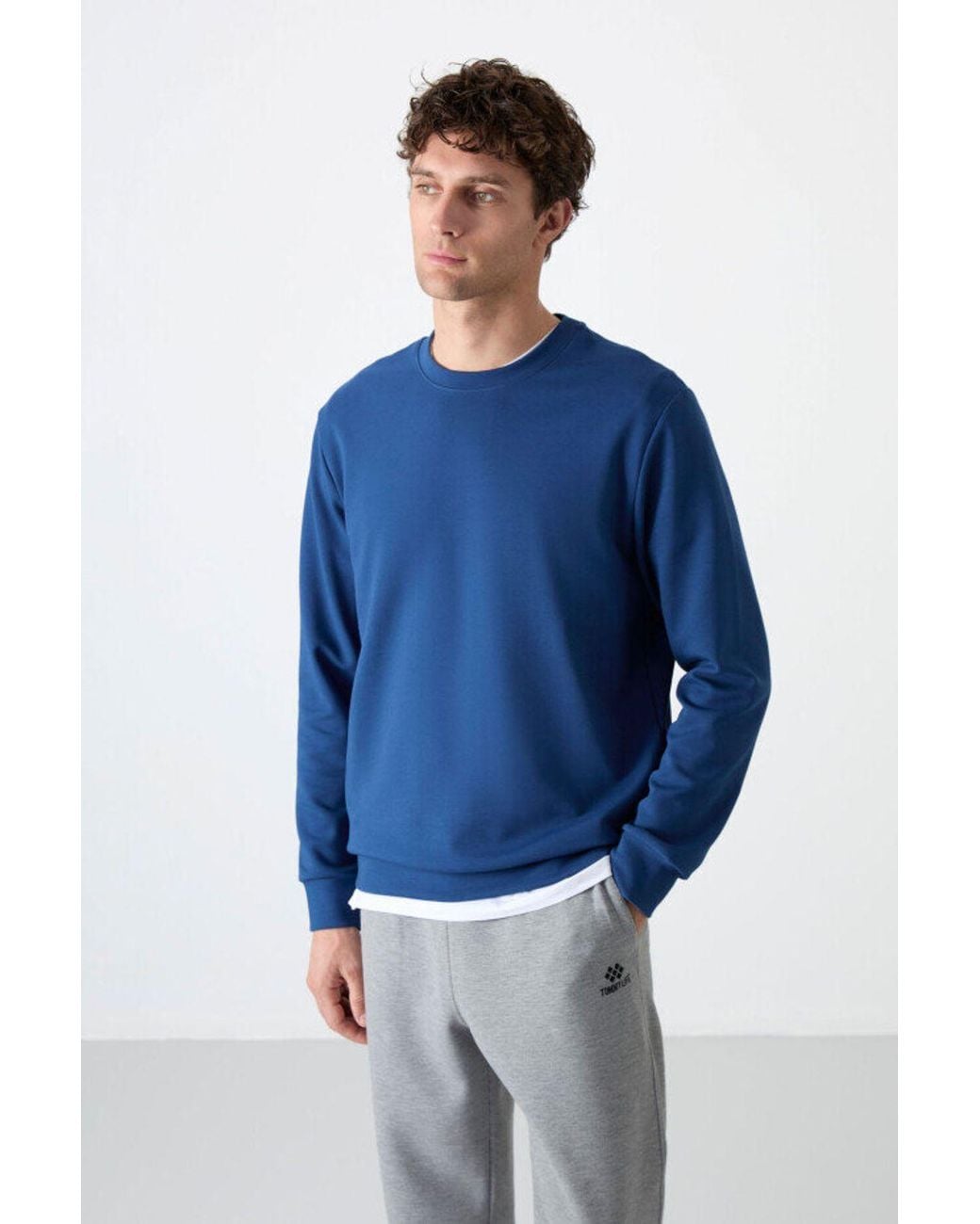 TOMMY LIFE Blue Plain Crew Neck Sweatshirt for men