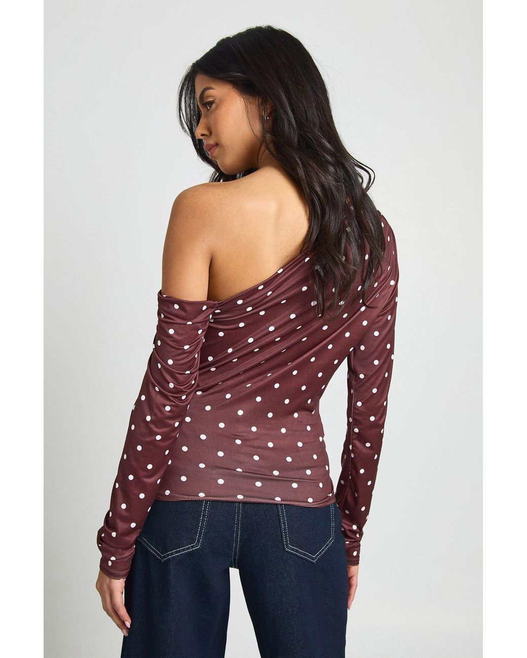 Boohoo Brown Polka Dot One Shoulder Top