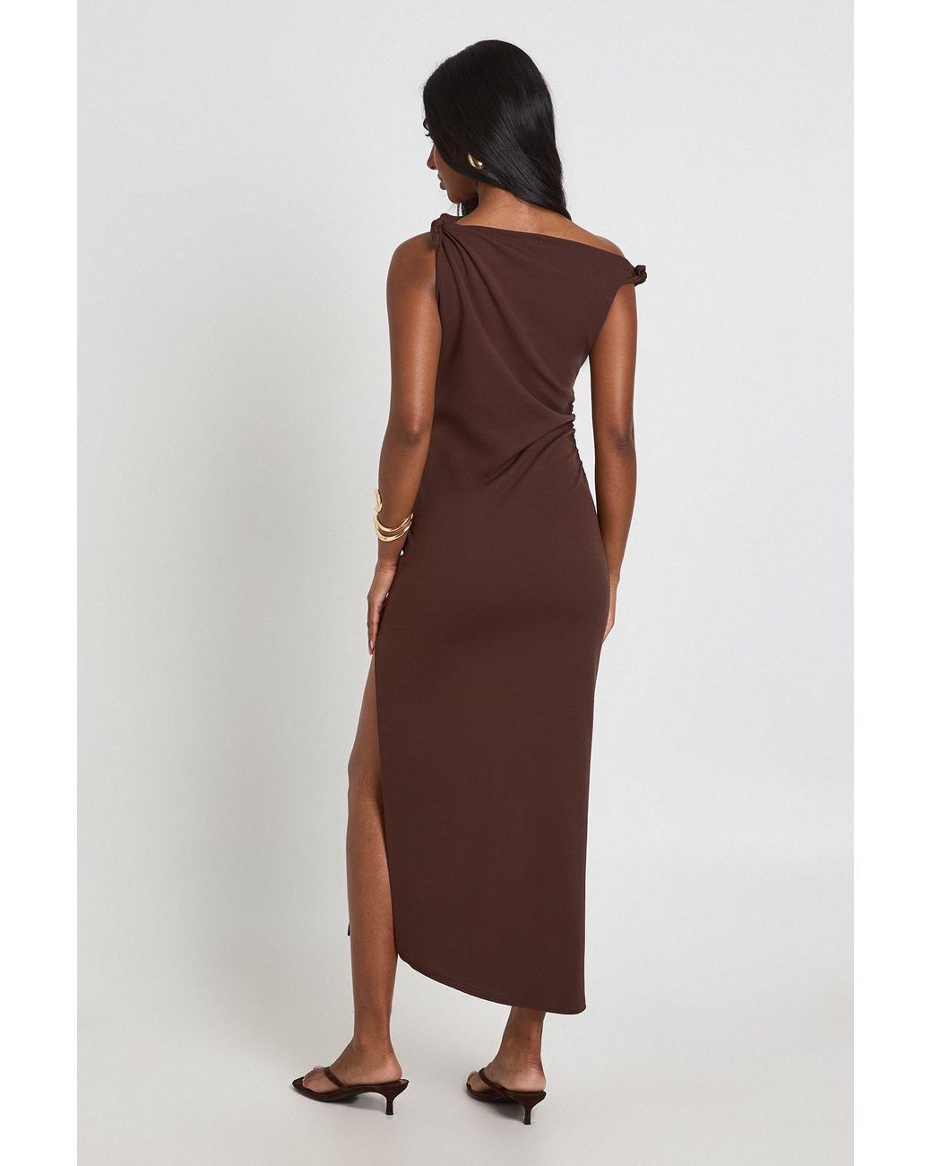 Boohoo Brown Jersey Crepe Knot Shoulder Midaxi Dress