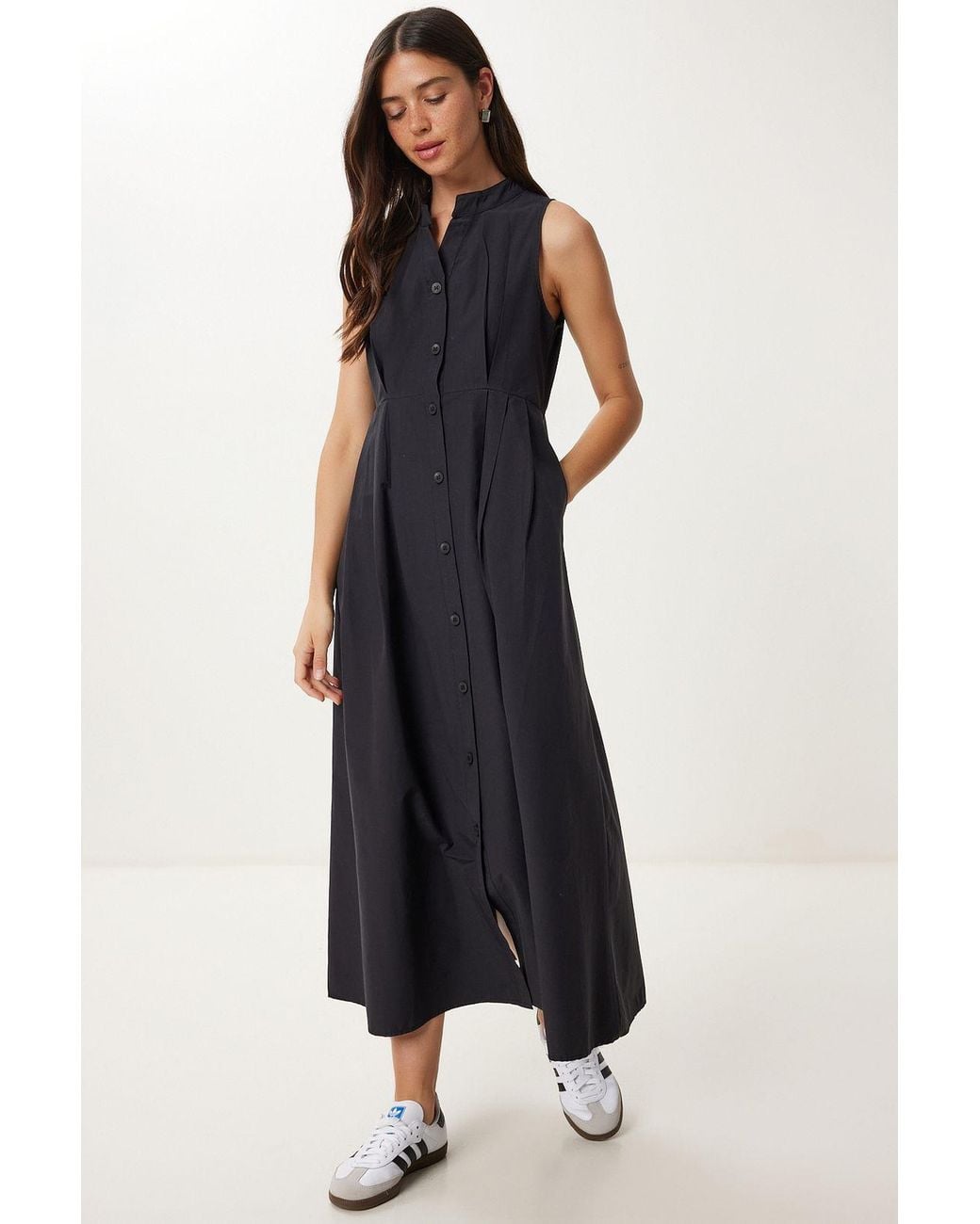 Happiness İstanbul Blue Mandarin Collar Sleeveless A-Line Midi Dress
