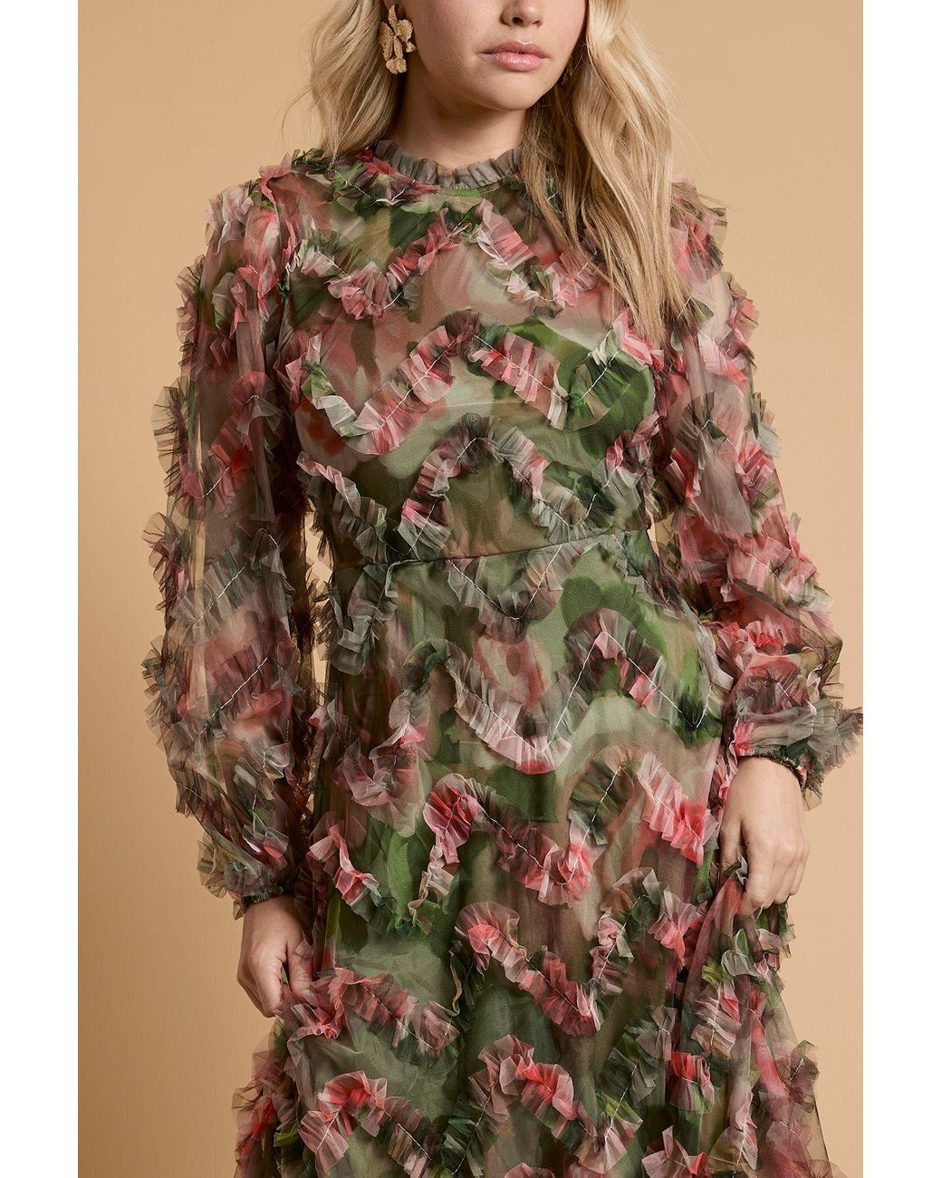 Oasis Natural Long Sleeve Printed Mesh Midi Dress