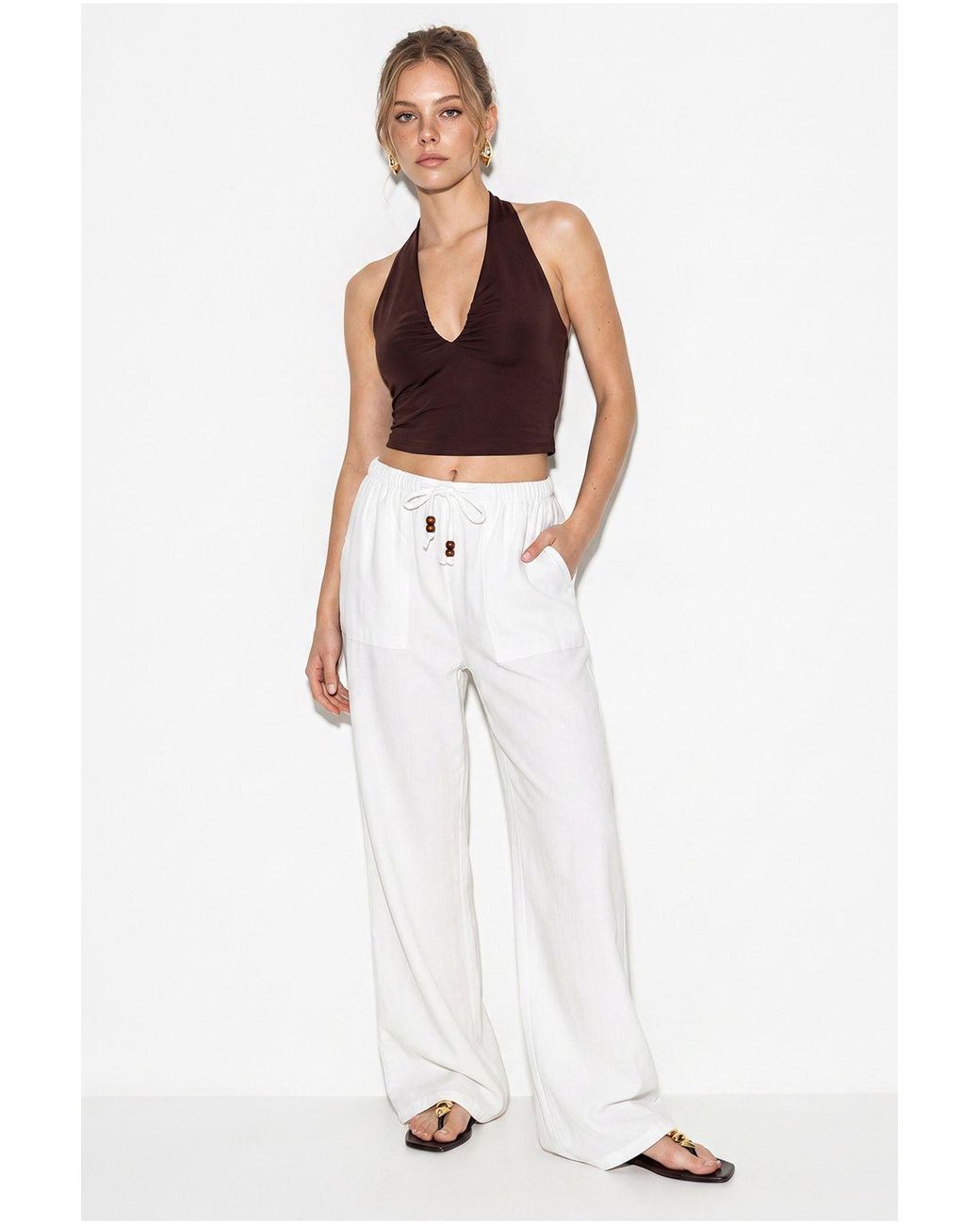 Bianco Lucci White Wide-Leg Cotton Trousers With Drawstring Waist